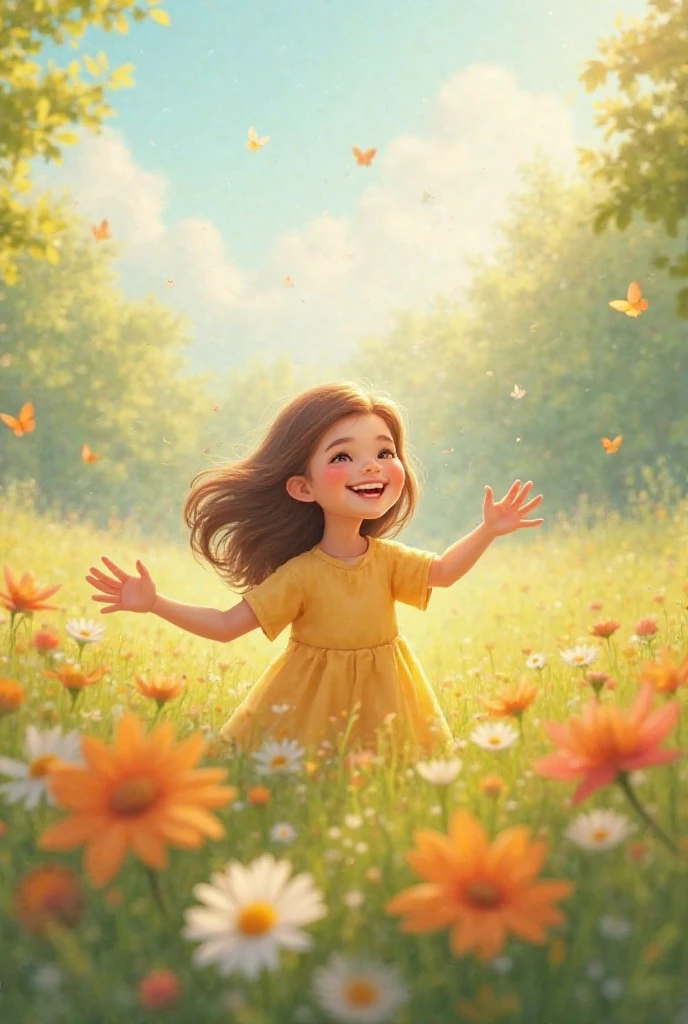 best quality,up side white,down side colorful,blooming beautiful colorful flowers,little bird flying up,cute baby girl raise hands,she smiling,she exciting