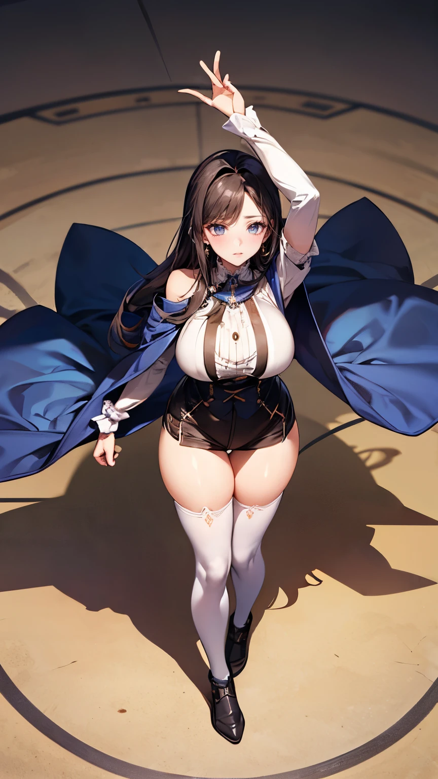 (best quality:1.5, highres, UHD, 4K, detailed lighting, shaders), black wavy hair, gradient hair, cat ears, large breasts,long coat, big butt, big thighs, mature woman , (pov), white background, colorful eyeshadow, dramatic lighting, sparkling eyes, sensual expression, golden earrings, flowing hair, delicate facial features, soft skin, high cheekbones, urban setting, white background, full body
