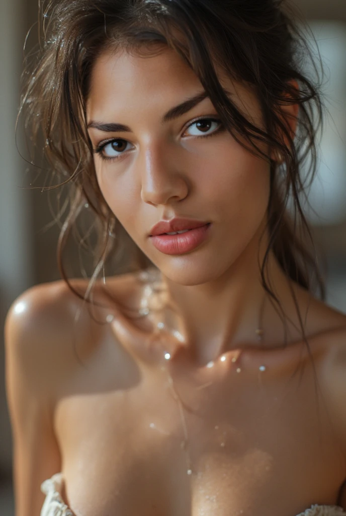 23-year-old girl, only, long hair, brown ponytail hair, brown-green eyes, realistic, thin nose, big lips , a gorgeous face, deep look, French Moroccan origin, naked, in a moroccan room, ((busty)), very colorful, very well illuminated, ((a splash of semen running down her tits)), transparent semen, very realistic semen
