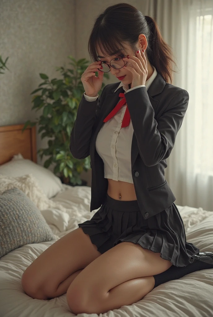 Masterpiece、highest quality、Woman 1、Male Body 1、Super detailed、nsfw、View from directly above Black Hair、Short Bob、Straight Hair、Blunt Bangs Round Glasses Japanese school girl uniform、Navy Blue Blazer、Pleated skirt、Long skirt Small breasts、Thin legs、vagina、Pussy、clitoris、semen、Female organ、sexual organic matter SEX、play sex、Sex、Lying on your back、penis、Insert、vaginaにInsert、sexual organic matterをInsert、Spray sperm、A lot of sperm、Sperm-drenched、Intense sex、激しくInsert、Creampie Sheets in the background