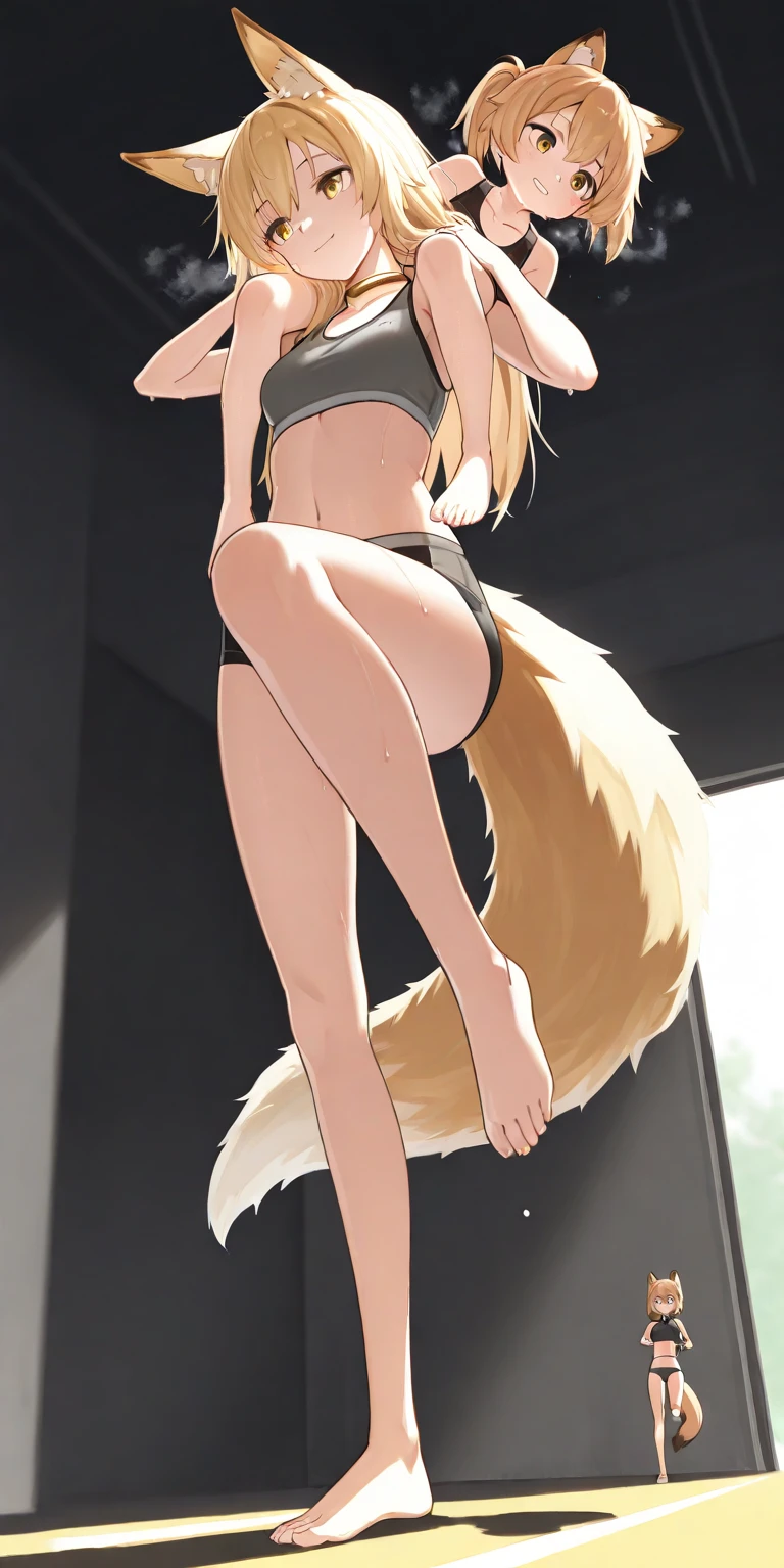 by fumiko, by claweddrip, by hyattlen, an all tan furry anthropomorphic fox woman, tan fur, all tan body, blonde fox tail, cute snout, yellow eyes, long blonde braided hair,angry eyes, grinning, rear view, wearing only black thong, black bra,smiling, good anatomy, paws, 4 toes, slender body, no background, white background full body shot, feet in frame, solo:1.2, proper tail attachment to body