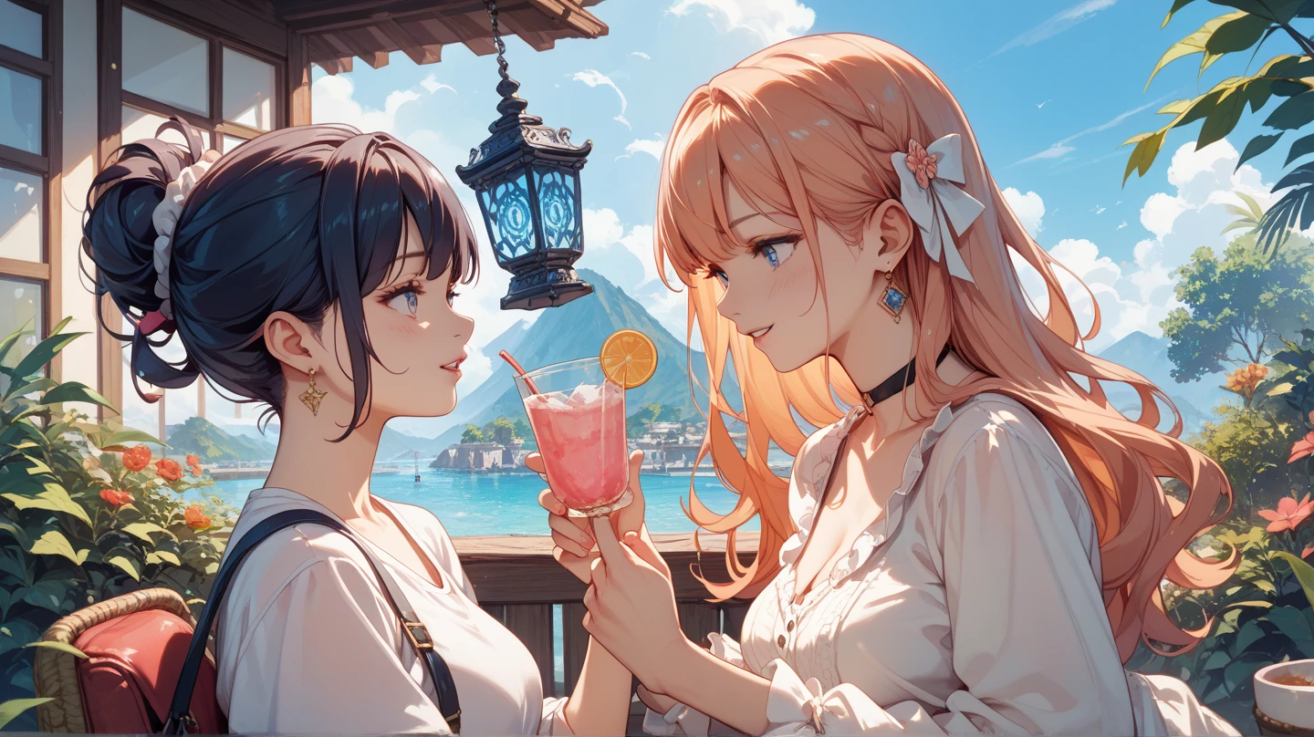 Female duo,Light clothing,Unbuttoned,Midnight,Adult atmosphere,Seaside restaurant