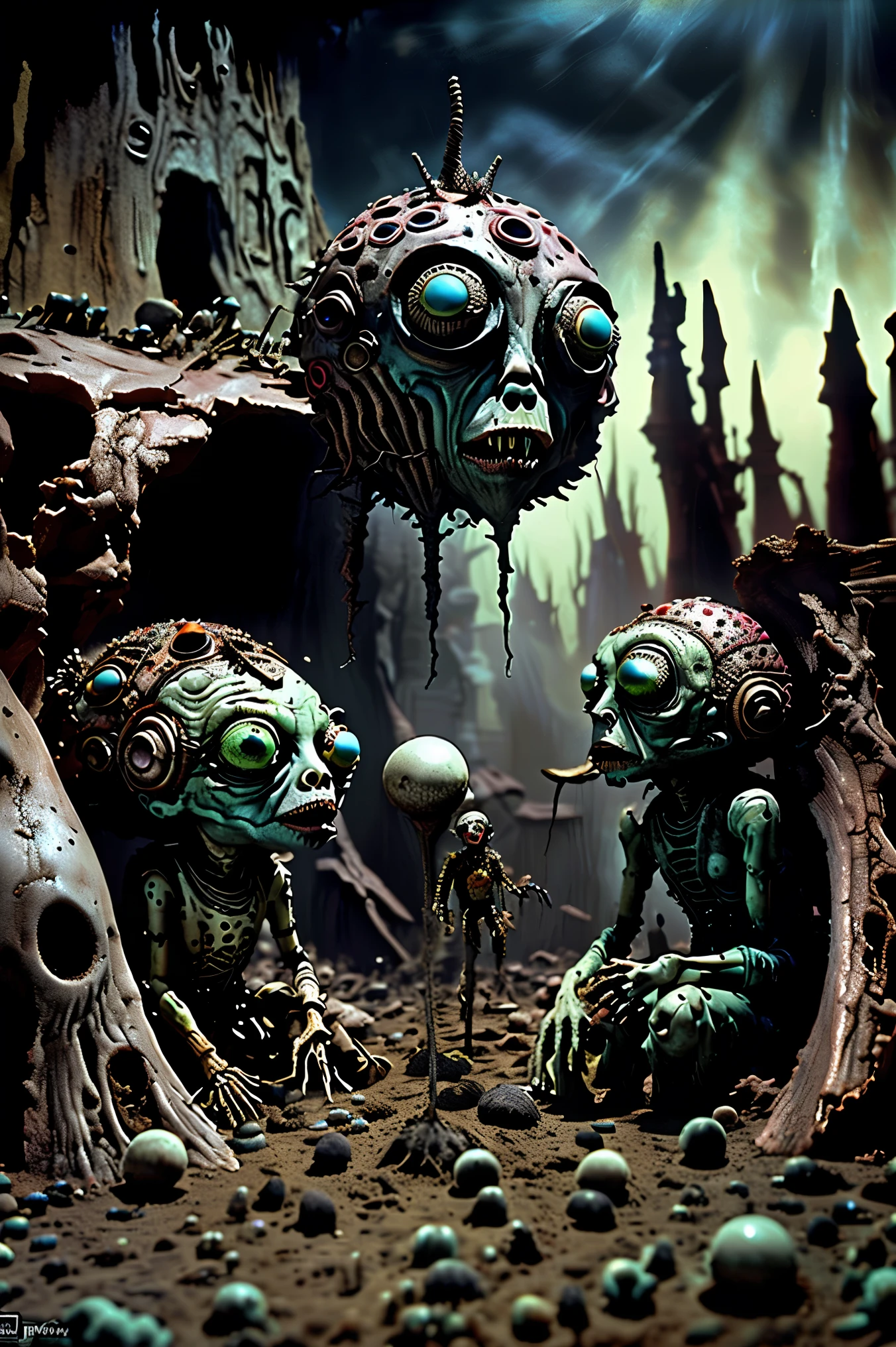 Many faces are growing wherever and on whoever they can, gothichorrorai, organic creatures search for food and blood and someone to devour, they wait with sharp teeth and watchful eyes, SPY and NOT ART are both SATAN. The bright sunlight melts their features even further in an apocalyptic desert wasteland, the mutants left on earth stay pale under the harsh light of the summer sun. The unusual and grotesque facial features of those left behind continue to change constantly, once seen as people they are now just twisted organic oddities, even to each other as they can't be recognized as human beings, just physically-based renderings, rendered to freaks. Sharp focus, apocolyptic landscape from which there is no escape. Vivid colors, etheral undertones, surreal details, grotesque yet beautiful, apocalyptic landscape, strange creatures, horror, creepy, gothic, moody, dramatic lighting, cinematic, masterpiece, 8K, highly detailed, photorealistic, professional movie quality, Cinematography, full focus, best quality, highres,
realistic, hyperrealistic. Savage, grim ghastly figures, horrorific fantasy scene, decaying ruins, 8K, HDR,
Bright vibrant colors,
Claymation impregnation,
Apocalyptic nation,
Creepy infestation
Cinematic degradation