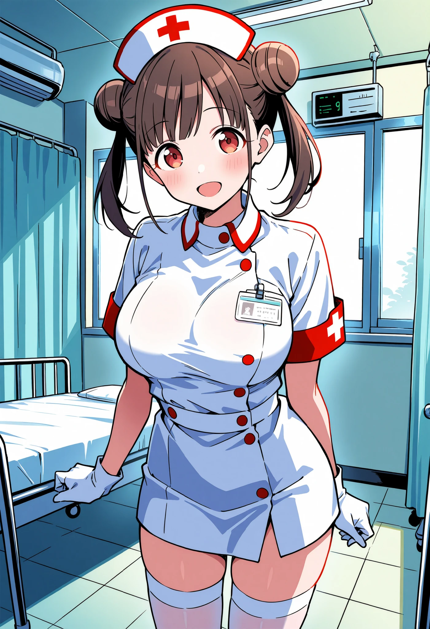 Score_9, score_8_up, score_7_up, source_anime, sonoda chiyoko, solo, brown hair, red eyes, hair bun, double bun, bangs, short twintails, large breasts, (best quality), (high quality), {masterpiece}, extremely delicate and beautiful, ultra-detailed, beautiful detailed eyes, nurse, nurse hat, ((white nurse's outfit)), white gloves, white thighhighs, hospital room, smile, open mouth, standing