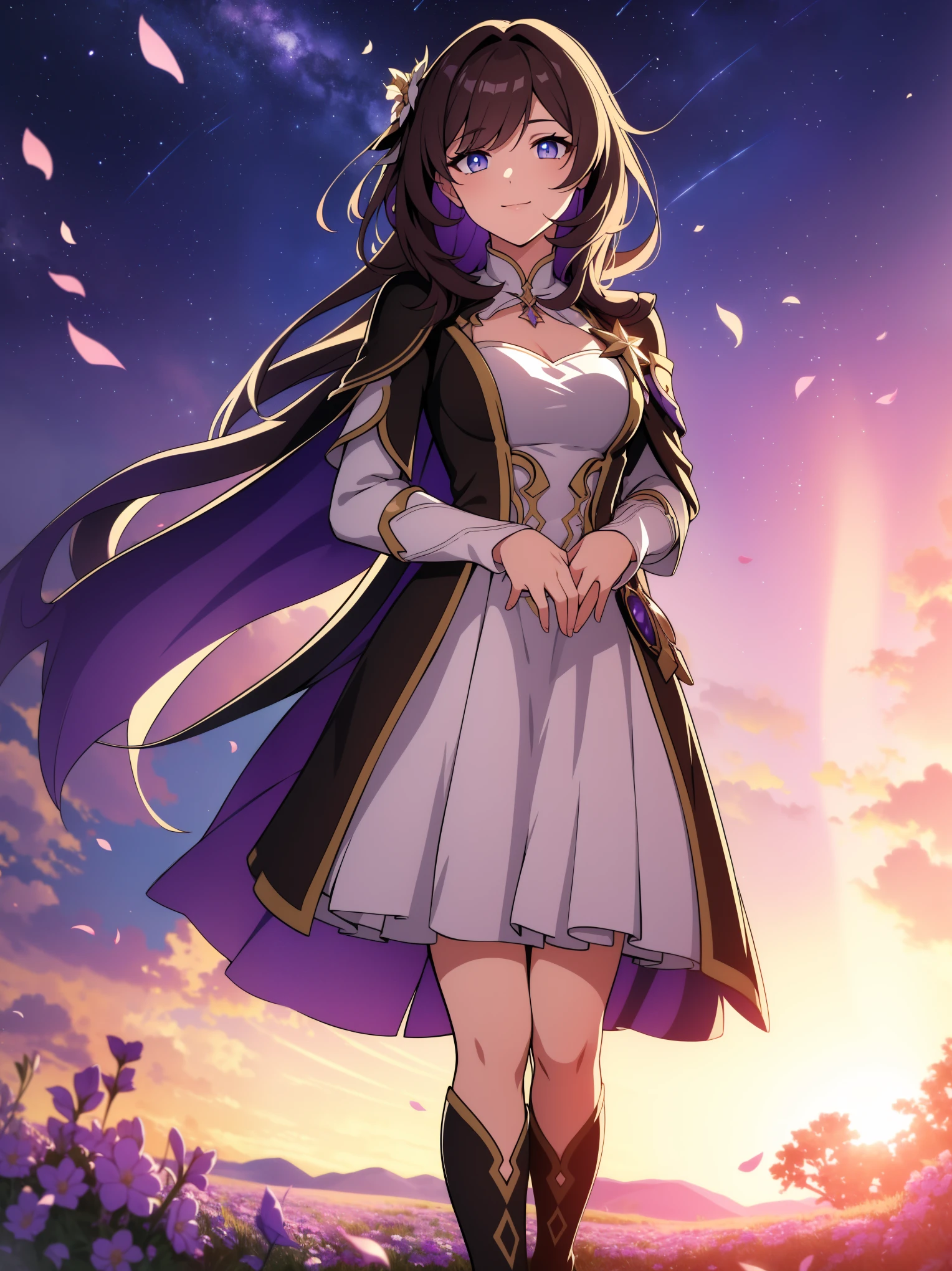 (high-quality, breathtaking),(expressive eyes, perfect face) portrait, 1girl, female, solo, young , black hair, pink eye color, medium hair length, soft wavy hair, gentle smile, loose hair, side bangs, looking at viewer, portrait, medium full shot, happy expression, ribbon in hair, flower in hair, fantasy clothing, elegant, mature, height 4"3, adventurer attire, warlock attire, warlock profession, short height, Dungeons & Dragons character, jacket, dress, cape, winged cape, Firefly Honkai Star Rail Character, starry sky, dawn in the distance, shooting stars, backgroound, flower field, scenary, cloudy sky, grass, trees, flower petals, leafs, blue flower, purple flower, white flower, field, standing in field of flowers