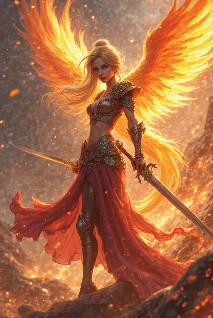 ((highest quality)),(ultra high resolution),(Super detailed),(detailed description),((best CG)),(best work of art),super precision art,amazing drawing art,(Fantasy art with precise details:1.5), (angel of battle:1.6),elaborately crafted weapons:1.8, Huge flames rained down from the sky and consumed the earth.、dried up the sea。
