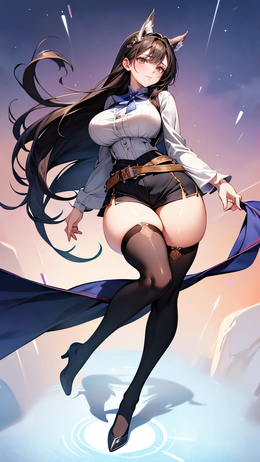 Iroha、super breasts、thick thighs、long black hair、8K, 4k, highest quality, High resolution: 1.2)、cute anime face、noise removal、maid、和風maid、black leotard、full body portrait、Leotard that bites into、Er Dao Liu、sandals、blue eyes、Black long tights、gentle smile、white kimono、T-back that digs into your butt