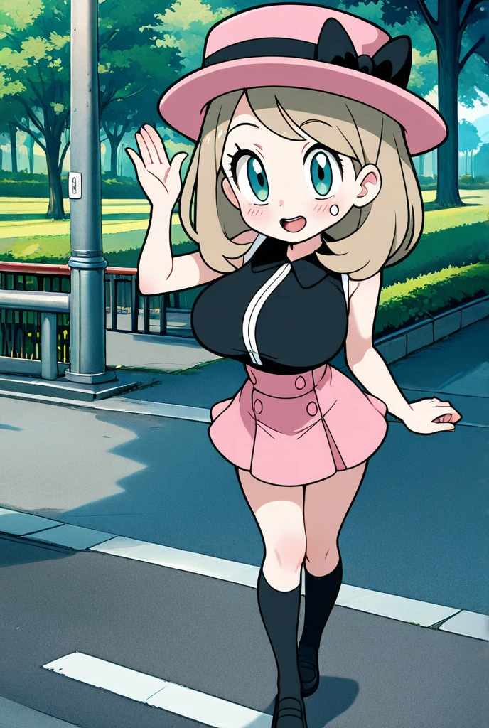 SERENAJ, 1girl, grey headwear, solo, jewelry, thighhighs, sleeveless turtleneck, turtleneck, skirt, sweater vest, blonde hair, earrings, hat, blue eyes, sleeveless, eyelashes, vest, bangs, breasts, medium hair, bracelet, black thighhighs, brown thighhighs, pleated skirt, red skirt, brown vest, upper body, facing viewer, looking at viewer, smile,  white thong, cameltoe, spread legs, city street, tight pussy, pussylips, cameltoe, thong, symmetrical eyes, dancing, shaking hips, pelvic thrusts, embarrassed. sweating, armpits
