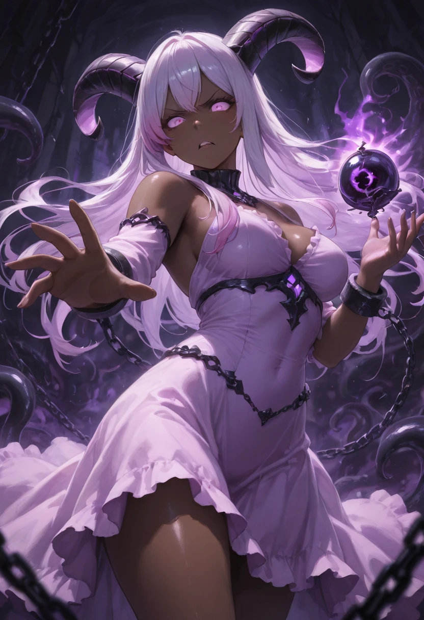 ((silver and pink hair)),(long braided hair),((She is wearing a mask like one would wear at a masquerade ball...)),((Mask to cover the eyes)),((Show off your body line beautifully、One-piece dress with a flowing silhouette,pink, silver and gold dress)),(flare sleeve),((corsets)),((The hem of the dress is long enough to reach the ground.)),(A chaotic worldview mixed with black, pink and silver and gold),(Tartarus),(Hellish world),((abyss)),((Have the hem of the dress、please accept me as a nobleman'Daughter of..)),(Sexy face),((A face immersed in pleasure)),(NSFW),((The hem of the dress sways as if dancing....)),(close up of face),