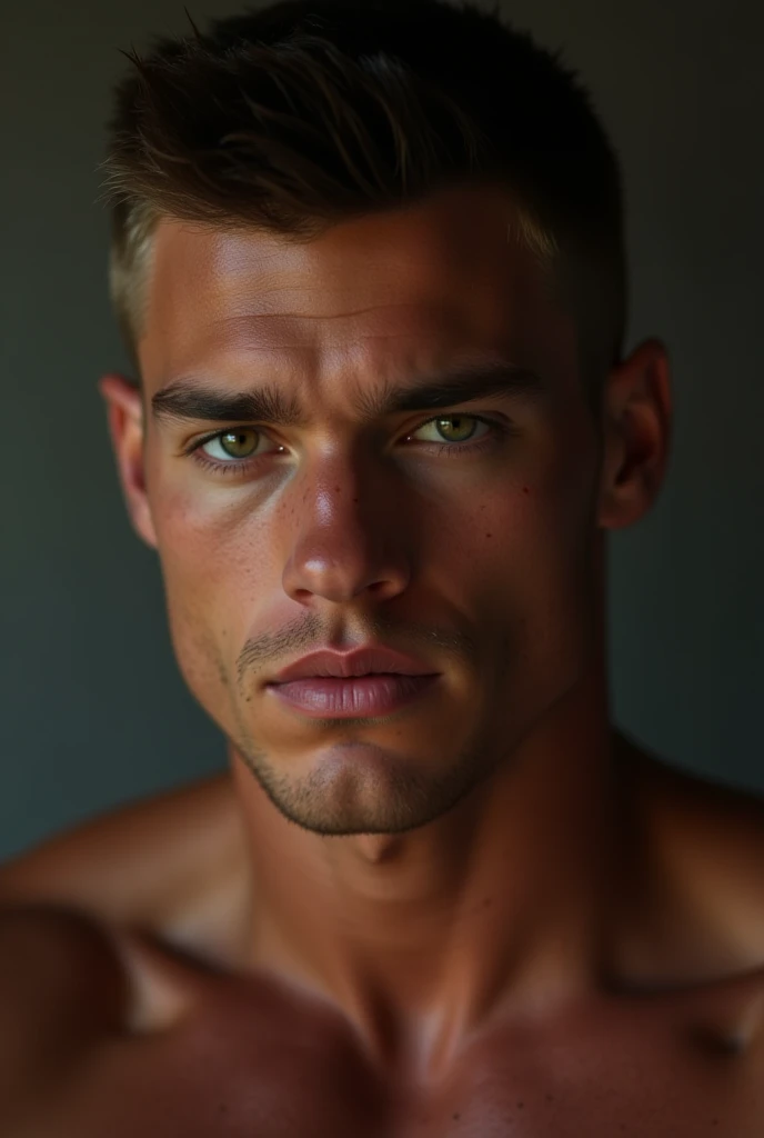 25 year old brown haired man, blue eyes, well formed jaw, belle masse musculaires