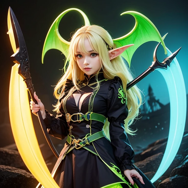 A full-body shot of Princess Zelda, yellow hair, yellow eyes, dressed as a Ninja in black+neon yellow with a black mask and hood with yellow details, XL bust, holding a flaming Kunai attached to a chain. Background: ghoulish cemetery at night with fog. Mortal Kombat, Unreal Engine 5, Anime, Anime style, Masterpiece, Well drawn eyes, well drawn face, well detailed eyes, well detailed face, 8k, light and shadow effect.