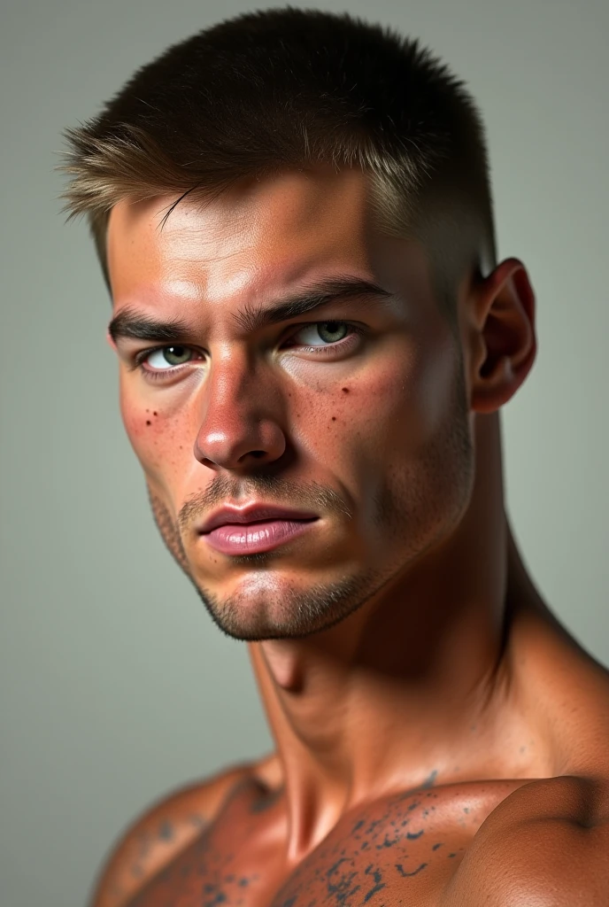 Masterpiece full frame, Close portrait, insanely handsome male model, 40s, Herculean Greek male, taupe clear skin, auburn buzzcut hair, blonde hair, very masculine, heterochromia green eyes, (skin texture), skin pores, shallow depth of field, sharp eye focus, backlit