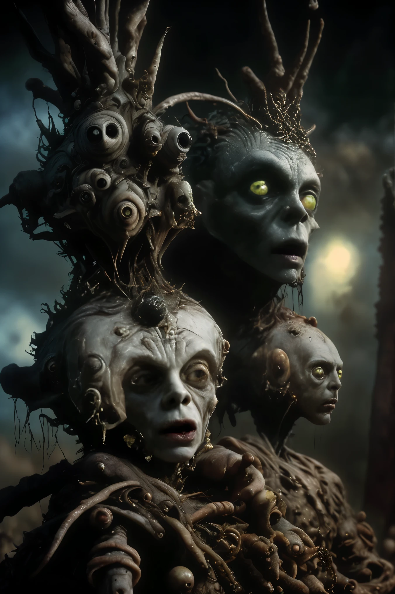 Full sunlight, faces grow wherever and on whoever they can, organic creatures search for food and blood, bizarre and skelly, hyperrealistic, not ultra materialistic, unless the material is someone to devour, sharp teeth and watchful eyes, SPY and NOT ART are both SATAN. Decomposition and death in everyone's face. The bright sunlight melts their features even further. Intricate hyper-detailed portrait, highly realistic, masterpiece, 8k, physically-based rendering, sharp focus, vivid colors, dark fantasy, gothic,dramatic atmosphere, decaying nature, twisted organic forms, ominous colors, haunting mood, sinister undertones, surreal details, grotesque yet beautiful. apocalyptic landscape,strange creatures, haunted, mist, horror, spooky atmosphere,creepy,gothic,moody,dramatic lighting,cinematic,masterpiece,8K,highly detailed,photorealistic,professional movie quality,
Cinematography, full focus, highest quality images,
Ultra-detailed, realistic, hyperrealistic. Show off the creatures with more clearly defined faces and enhance their twisted mutated bodies. Savage, apocalyptic background. Full focus! Horror scene, deathly apparitions, grim atmosphere, decaying ruins, ominous skies, haunting moonlight, detailed ghastly figures, photorealisticdetailed, fantasy horror scene, deathly apparitions,grim atmosphere,decaying ruins,detailed deathly figures,8K,HDR,ultra-detailed,physically-based rendering,professional,vivid colors,
Bright vibrant colors,dramatic lighting, Creatures' faces appear everywhere,
Claymation impregnation,
Apocalyptic nation,
Creepy crawler infestation
Ultra-detailed, ultra-realistic, photo-realistic, cinematic lighting, cinematic portrait, portrait photography