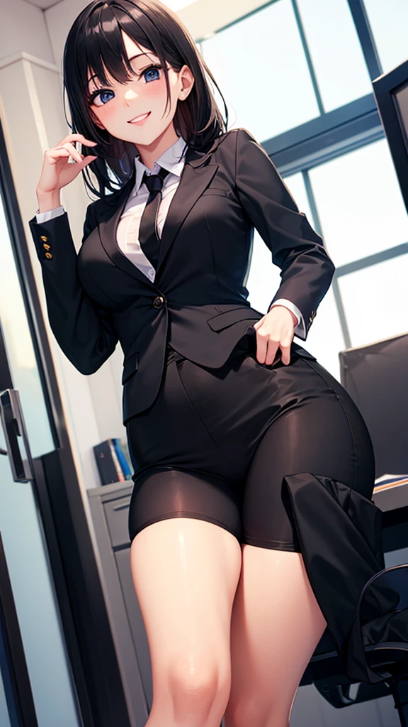 Voluptuous office girl, office suit, big ass, 4k ultra HD high resolution, masterpiece, thick thighs, wide hips, hip dips, glamorous lighting, tights, tight pencil skirt, short black hair, mature, fierce looking, solo girl, 1girl, blushing, heavy breathing, hot breath, undid tie