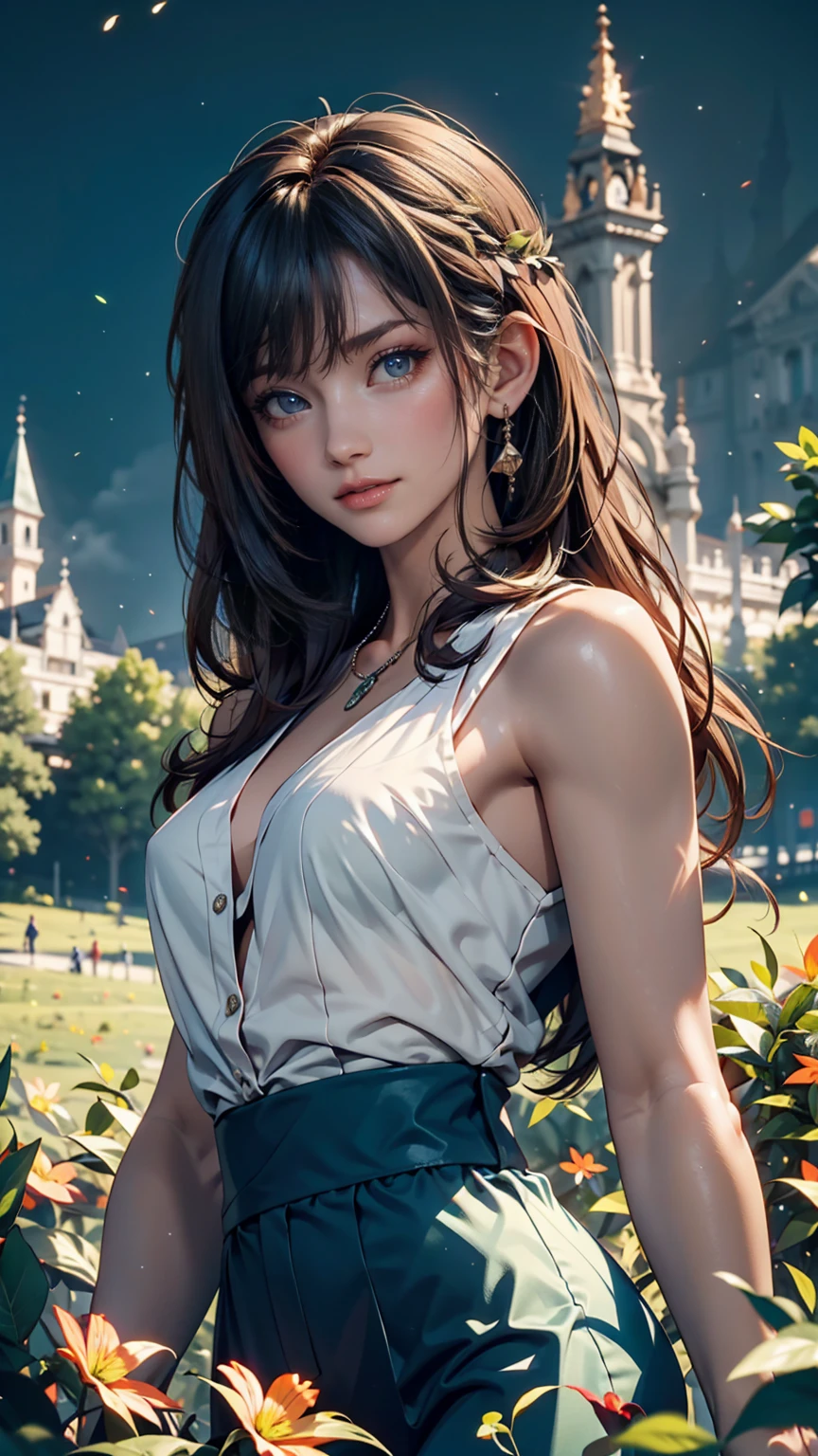 "Masterpiece, high quality, detailed, high resolution, 4k, 8k, realistic skin texture, amazing shadows, perfect lighting, hyper-realistic" A woman (dark hair, fair skin, choker, brown eyes, outlined eyes, small breasts), strapped clothes in a park