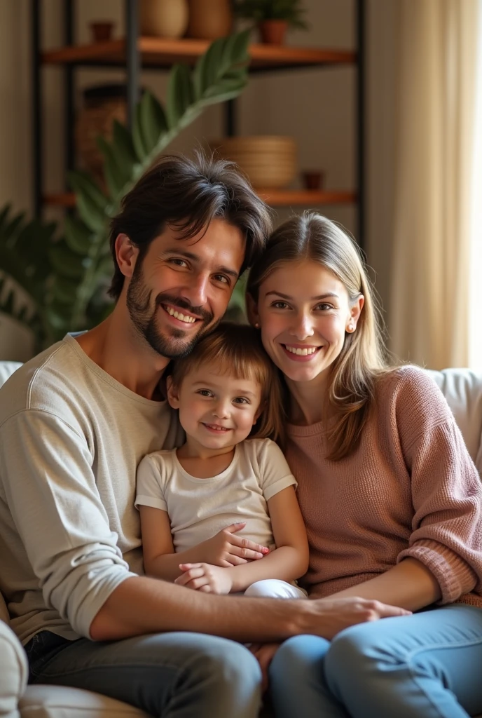 man with 5 year old on his lap, daughter standing, mother holding 's hand