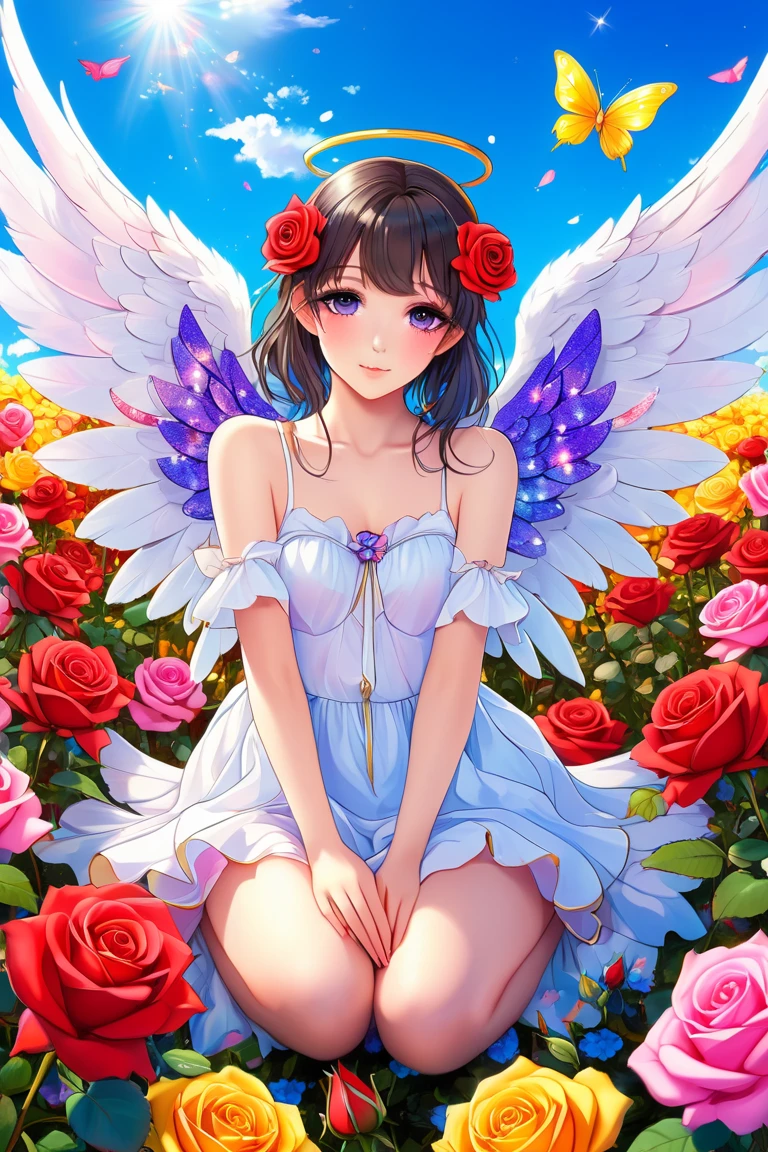 (masterpiece, Highest quality:1.3), (Very detailed:1.2), (hyperRealistic:1.3), (RAW Photos:1.2), High resolution raw color photos, Professional photos, (PhotoRealistic:1.4), (Realistic:1.4), (Pink Hair:1.5), Professional Lighting, Perfect Anatomy, (Big Breasts:1.2), (blush, Detailed face), (smile:1.7), sexy, erotic sexy, ランダムなsexyなグラビアポーズ, (An angel in a white gold off-the-shoulder sundress、so beautiful、Wearing a flower crown and smiling gracefully in a flower field in full bloom、The background is flowers in full bloom、Brilliant starry sky、Pearl Earrings、Pose picking flowers。:1.3)、Archangel Raphael、It has two large white wings on its back..、She looks like an angel.、Taking the form of an archangel、holding a pink rose in hand