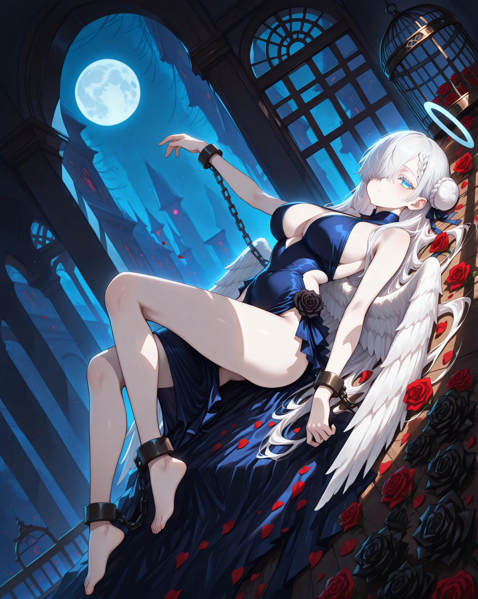 (masterpiece), (best quality), full body,simple background,sitting,
1girl,shiny hair,white hair,feather hair ornament, white cloak, ((see-through)),navel,light smile,
plant, flower, full_moon,detective theme,((black legwear)), ((crow)),chains,ruins,
1girl, in flower,black_bikini,1girl in flower ,navel,