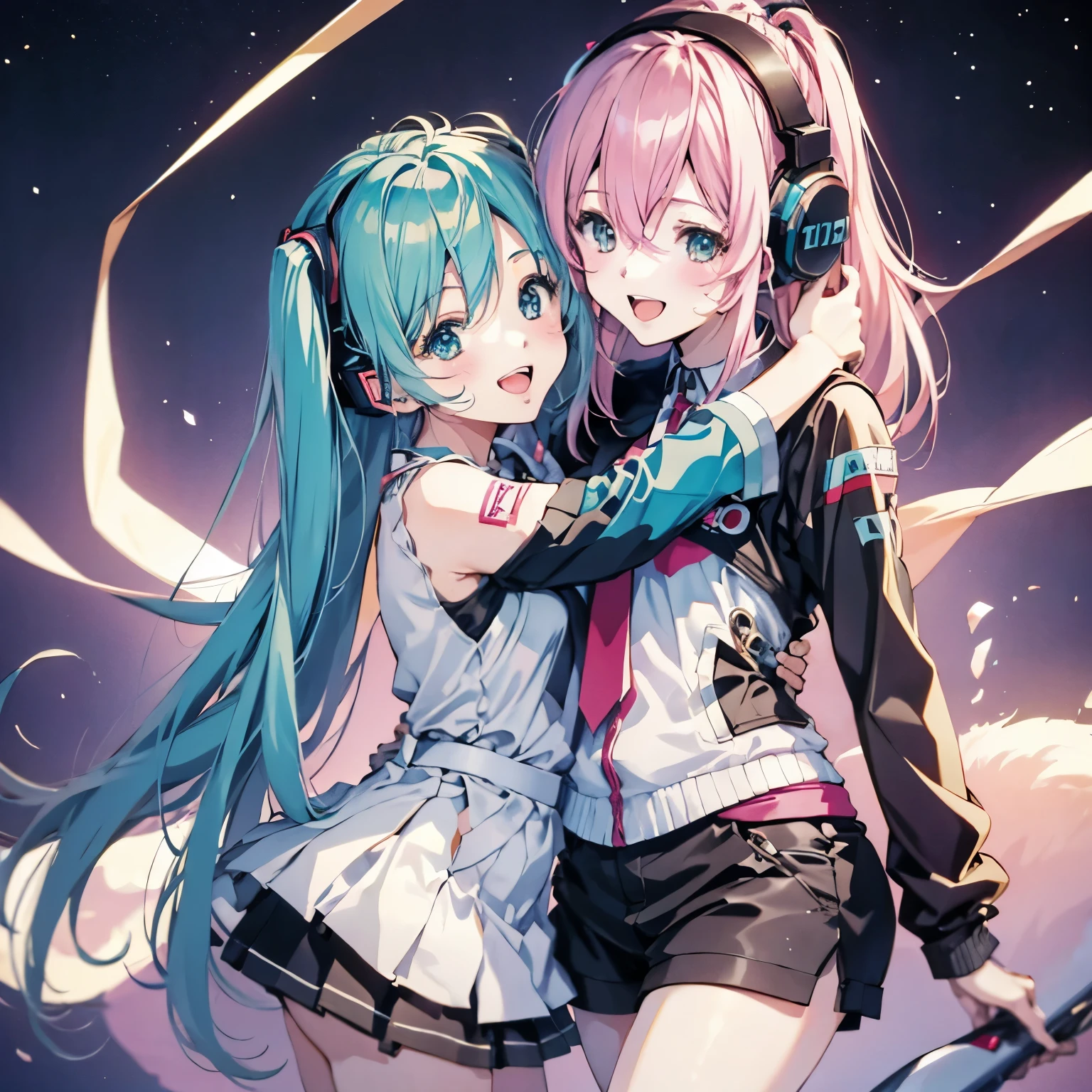 hatsune miku,Megurine Luka,two girls,high image quality, long hair , smile, Best Quality, hug, blushes,headphones,open mouth
