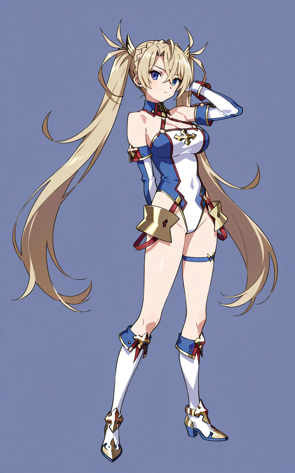 very long hair, blonde hair, ahoge, green eyes, forehead mark, blue bow, hair bow, detached sleeves, cleavage, one-piece swimsuit, high heels