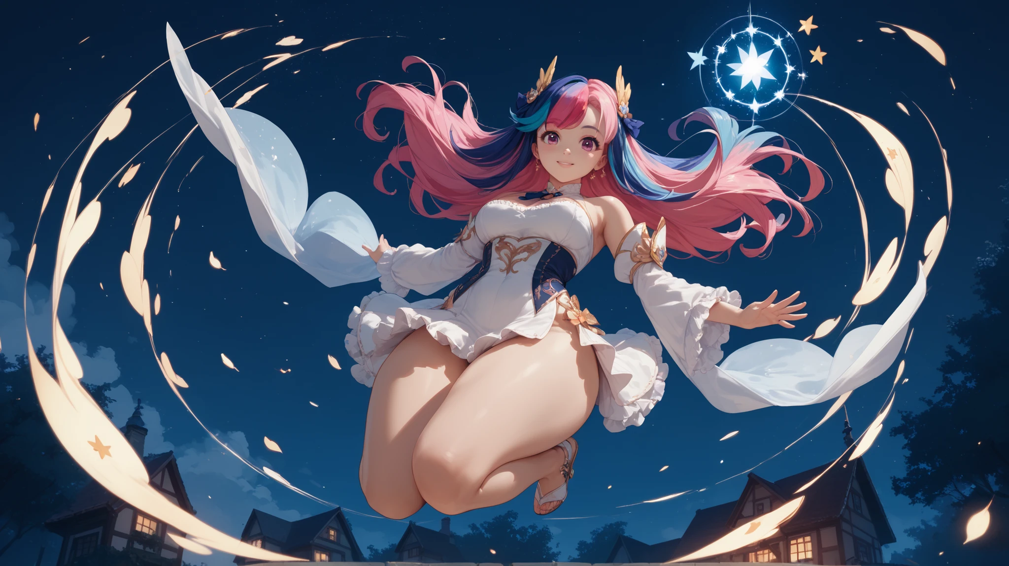 Floating,Beautiful girl busty magician riding an object floating in the air
