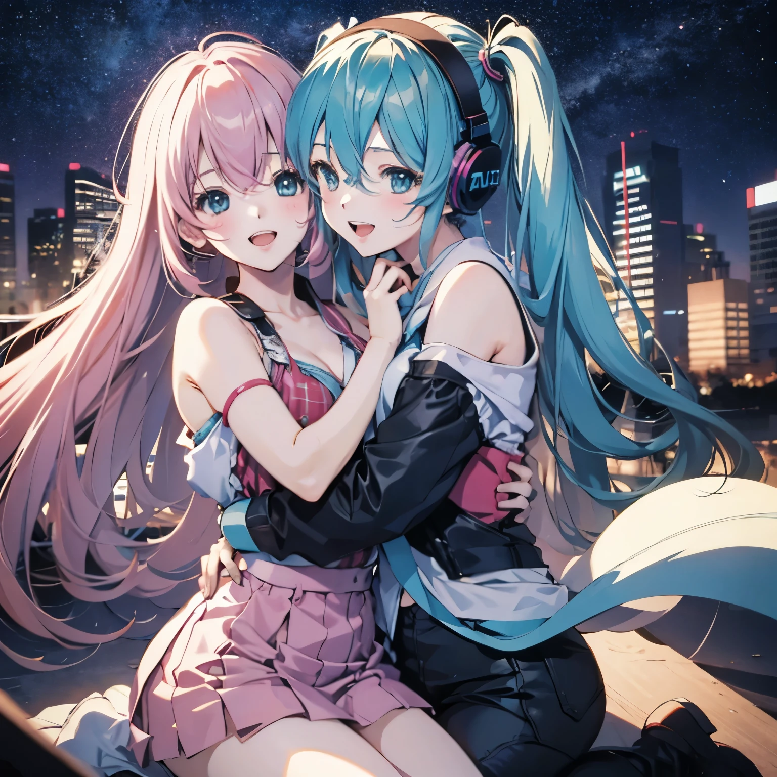 hatsune miku,Megurine Luka,two girls,high image quality, long hair , smile, Best Quality, hug, blushes,headphones,open mouth