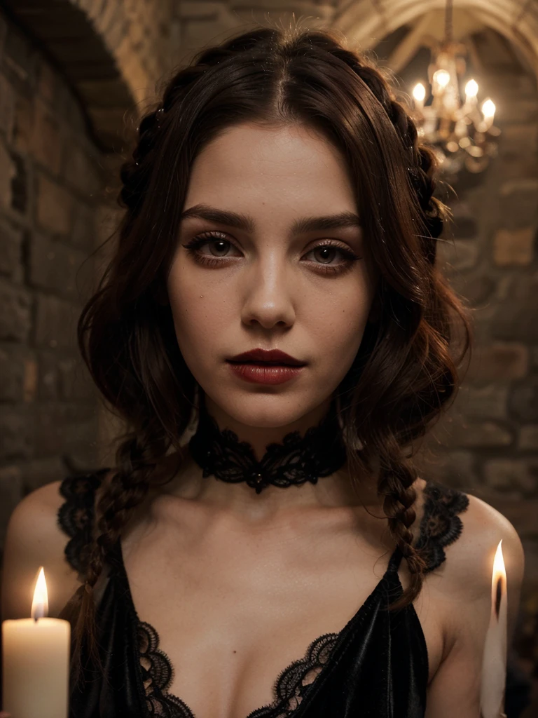 A striking portrait of a gothic-style young woman with long, dark hair, elegantly adorned with black roses. Her black dress features intri
cate lace patterns and a matching choker, exuding an air of sophistication and mystery. Her gaze is captivating, directly engaging the viewer, while her facial features are meticulously rendered with a soft pink hue on her lips. The background, a blend of green leaves and more black roses, creates an ethereal and enigmatic atmosphere