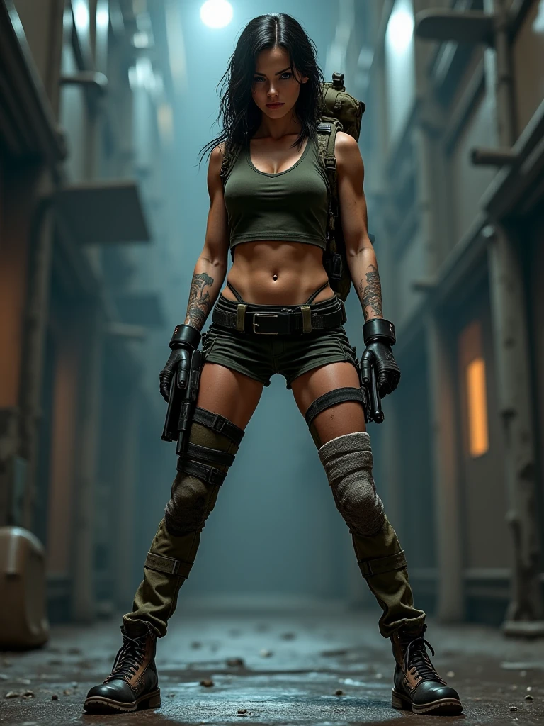 cinematic shot, 4k, Ultra High Definition, RAW Photo, Best Quality, Masterpiece: 1.2, Realistic, Soomer Ray weating lara croft clothes, ruins at background . emotional, harmonious, vignette, highly detailed, high budget, bokeh, cinemascope, moody, epic, gorgeous, film grain, grainy, one woman