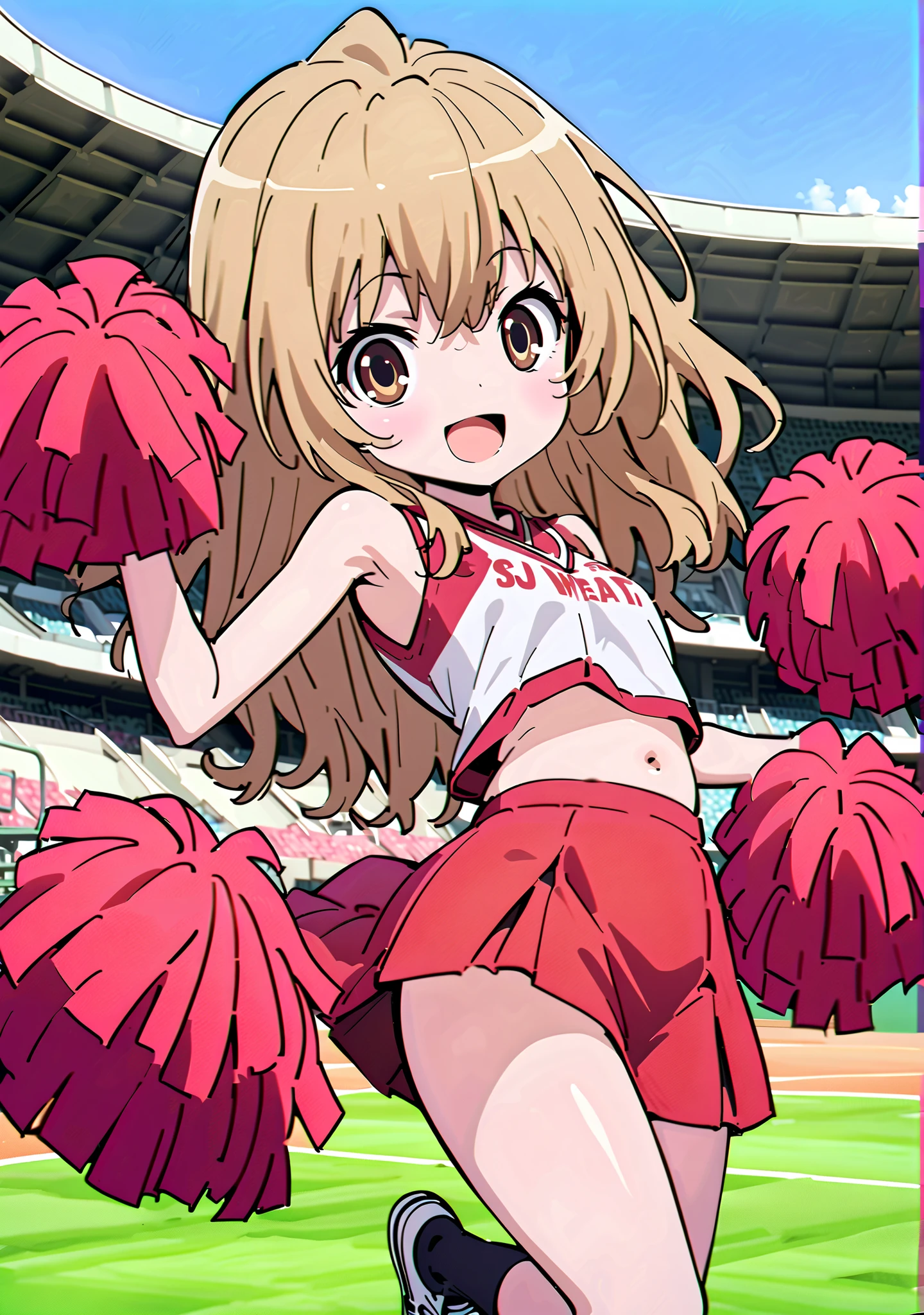 TaigaAisaka, Aisaka Taiga, solo,long hair, brown hair, long hair,brown eyes,Glowing Skin,smile,cover,opens her mouth, small ,(Cheerleading), (full body), on chest, (I sweated), I sweated Wet Clothes, (Red clothing),sleeveless, red pleated skirt,black socks,sneakers with a ladyback letter,belly button stick, playground, (jump), (jump), 足を曲げてjumpする,blue sky, Compa, smile,cheerleader, Pom-pom \(Cheerleading\) real hair ornaments,angle from below,audience,full bodyがイラストに入るように,break outdoors,Stadium,
break looking at viewer,full body,
break (masterpiece:1.2),Best Quality ,Kampala,unity 8k 壁紙,(shape:0.8),( fine and beautiful eyes :1.6),It's a person ,full body写真,CG Details , (perfect hand,complete anatomy),