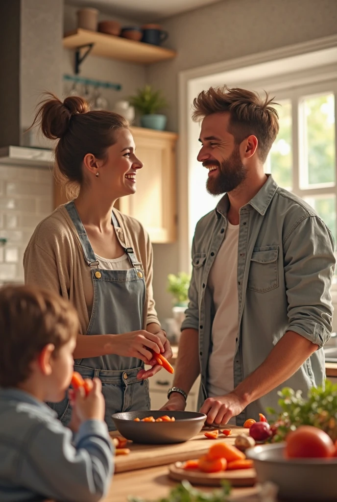 Extremely beautiful and tattooed heterosexual couple at home with their four children in the kitchen, being three girls and one . He has short hair and a black beard. She has long, black hair. The couple is laughing and cooking. The four children are on the floor playing and laughing