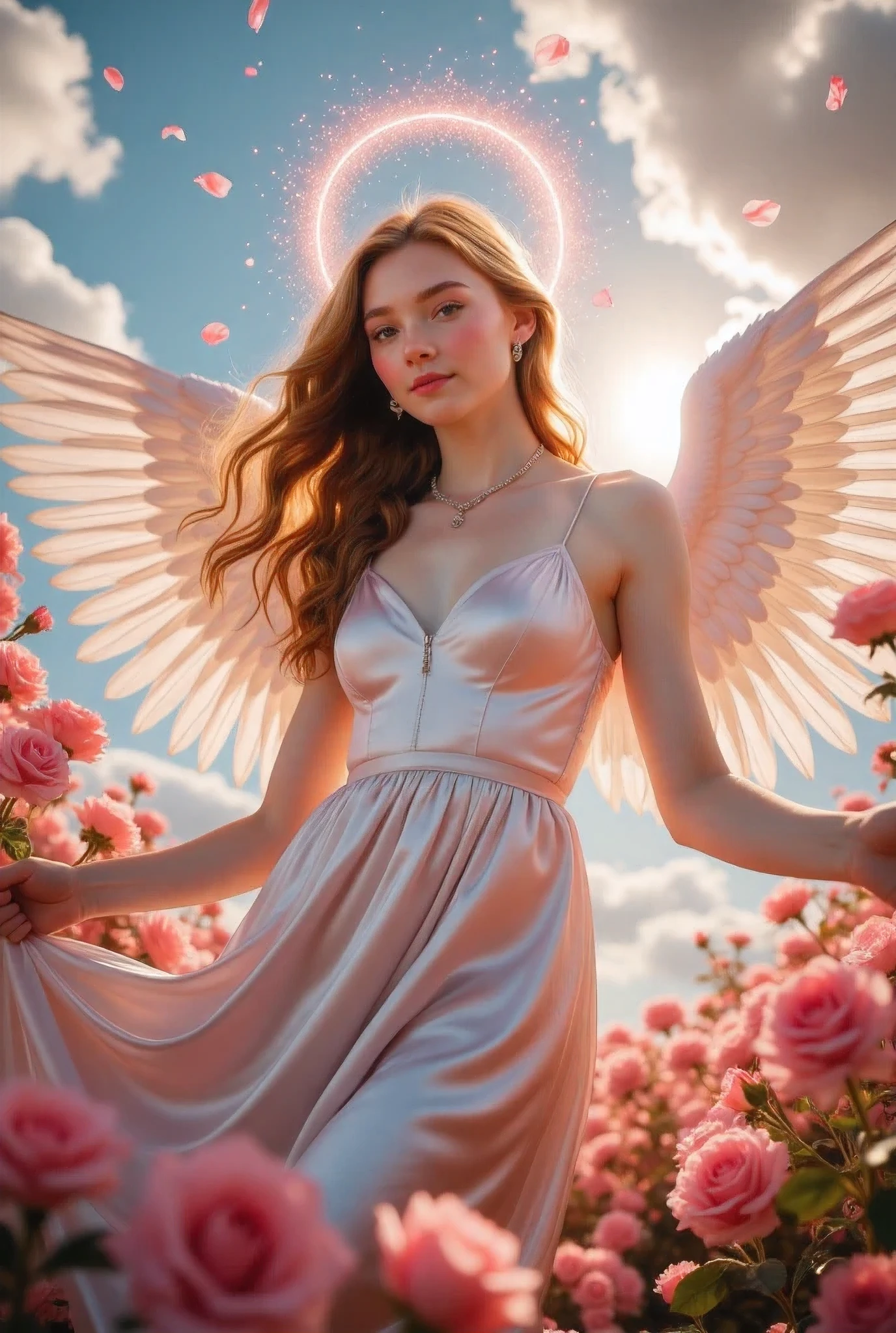 Close-up photography of a breathtaking vision of a love angel, radiating warmth and celestial beauty. She wears a flowing white satin dress, its delicate fabric shimmering under the soft, ethereal light. Her sparkling pink halo hovers above her head, casting a gentle glow as tiny sparkles drift from it like falling stardust, filling the air with magic. Her divine wings fluttering wings throwing countless petals into the air. Her shimmering jewelry catches the light, accentuating her otherworldly elegance. The setting is a dreamy, heavenly realm, where the air is scented with the sweet fragrance of countless red roses blooming in an enchanting celestial garden. The soft whispers of the wind carry delicate rose petals, sweeping them gracefully through the air, creating a mesmerizing, romantic spectacle. The atmosphere is soft, luminous, and dreamlike, with a gentle golden-pink light illuminating the scene. Blue sky and bright white clouds. The entire composition exudes warmth, love, and serenity, capturing the essence of divine affection and celestial grace.
