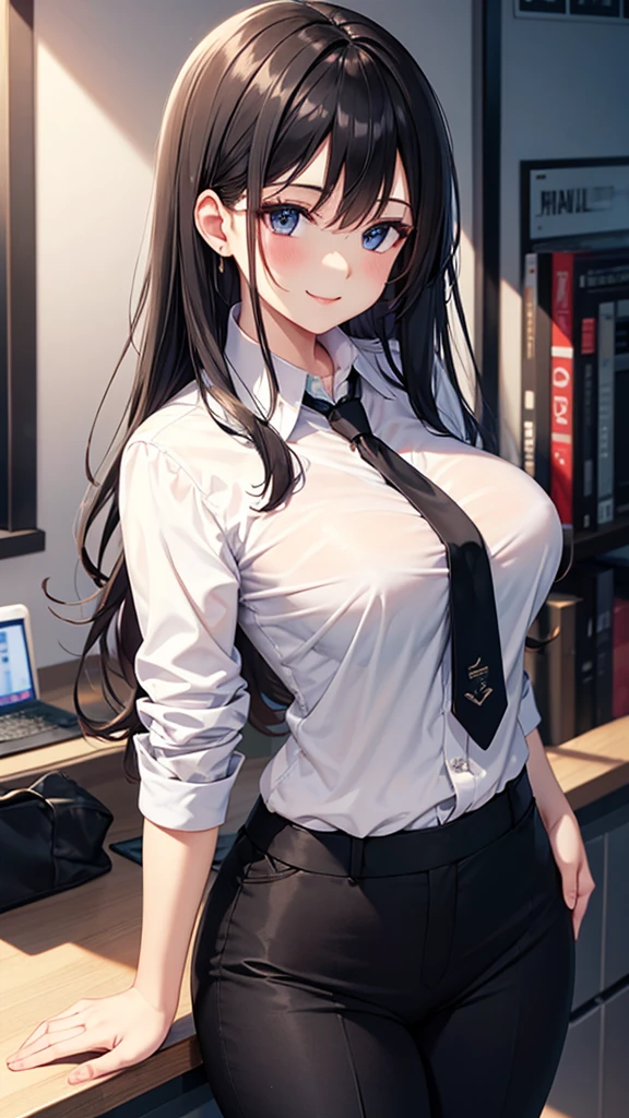 (Masterpiece:1.2), (best quality:1.1, (High quality:1.3), very detailed 8k CG unit wallpaper, depth of field, HDR, realistic, very detailed:1.2, complicated, Highly detailed:1.2, ผู้หญิงsexy, big breasts, office woman, white shirt, Lace underwear, Chest groove, black short skirt, Black suit shirt, long hair,pink eyes, Blue On, Eye details:1.5, shadow sound details:1.2, light:1.1, ผิวพลันbeautifulงาม, smiling, cute, beautiful, sexy, office background