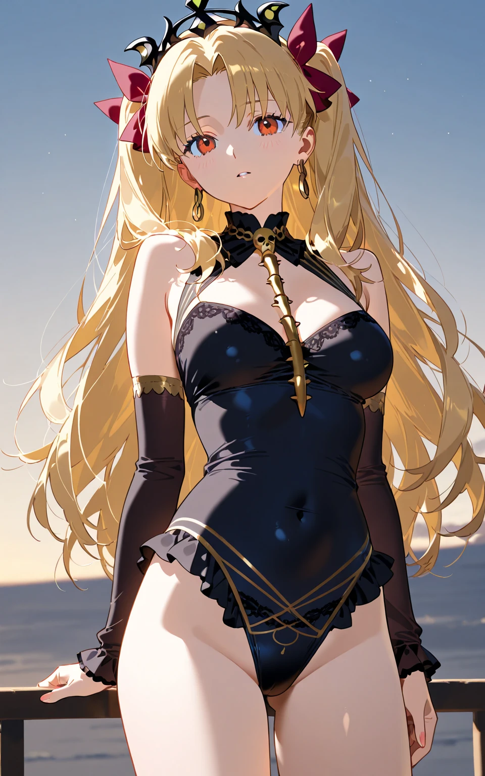 masterpiece, rich colors, Best quality, detailed, high resolution, Hyper quality, high detail, , high quality, detailing, skinny sexy girl on the beach , bright lighting , green eyes, Anime, palm trees, bright lighting, blonde,