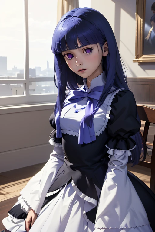 (masterpiece, best quality), 1girl, <lora:frederica_bernkastel_v1:1> aabern, long hair, blue hair, blunt bangs, purple eyes, bowtie, frills, black dress, puffy sleeves, short over long sleeves, long sleeves