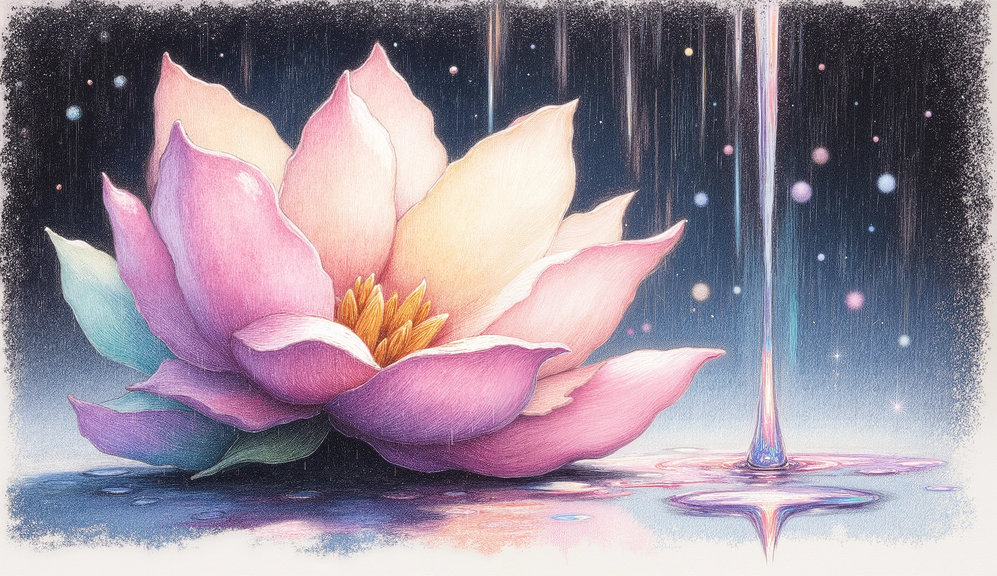 oil pastel, dark background, macro, wet floor, and a magnolia still wet in the rain, Drop a drop of water on the ground, chuva, A delicate image.: magical illustration, hand coloured photo, Studio Ghibli, ultra-detailed, ralph mcquarrie, Yoshitaka Amano, acrylic painting, pastel drawing, Unreal Engine 5