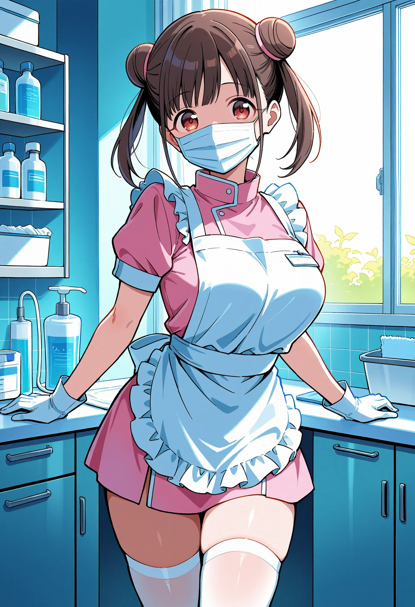 Score_9, score_8_up, score_7_up, source_anime, sonoda chiyoko, solo, brown hair, red eyes, hair bun, double bun, bangs, short twintails, large breasts, (best quality), (high quality), {masterpiece}, extremely delicate and beautiful, ultra-detailed, beautiful detailed eyes, dental hygienist, pink medical scrub, short sleeves, high collar, white apron, white latex gloves, white thighhighs, Dentist 0ff1c3, ((white mask, mouth mask, covered nose)), standing