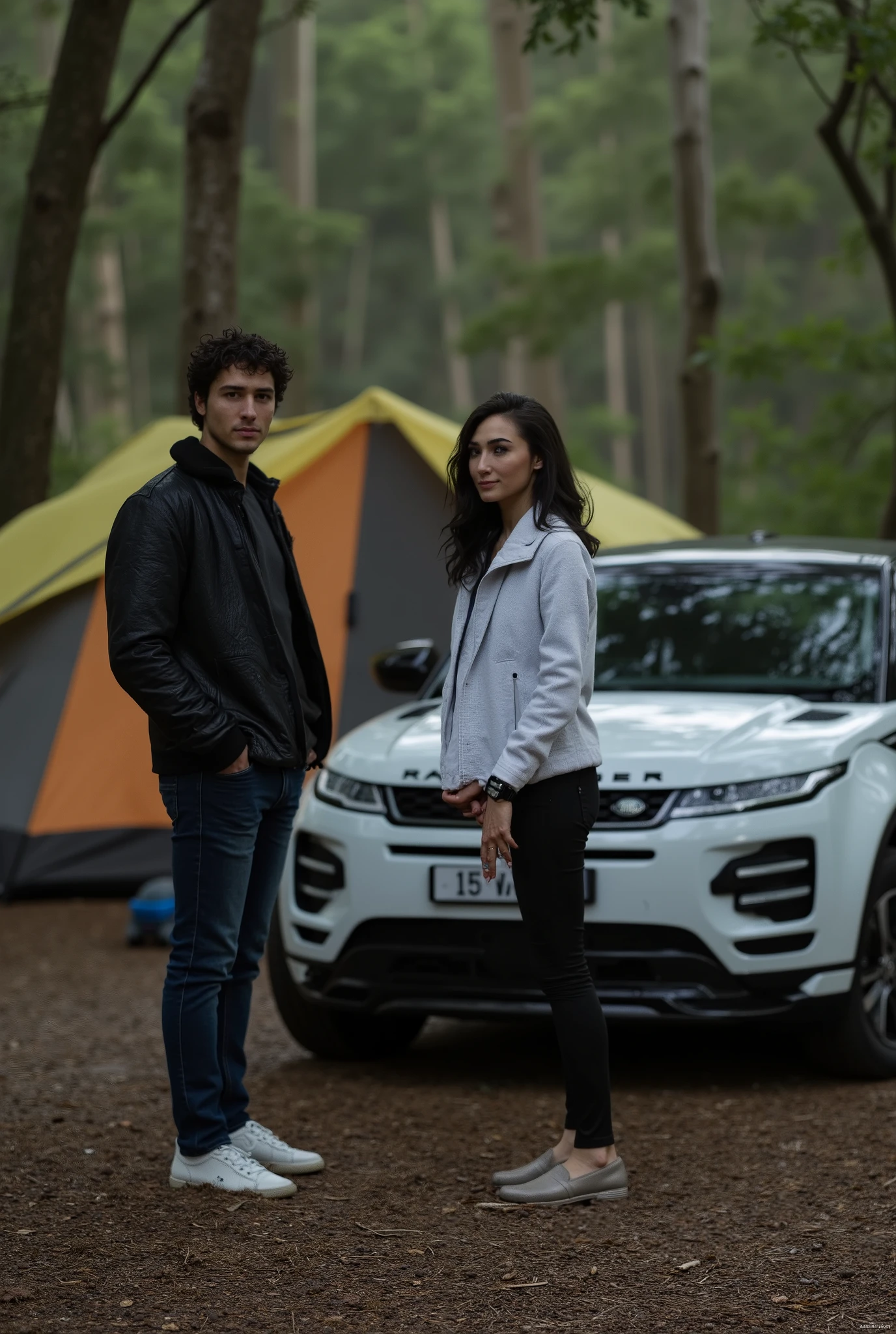 He created a 4k picture for me as if it were real people of a twentysomething young man wearing a black jacket with black hair and slightly wet hair with a beautiful forty but very beautiful woman with black hair that is slightly wet and short and wearing a soft white shirt, black jeans and beautiful white shoes while they are in a forest with a tent and behind them is a white Land Rover Evoque 2018 car