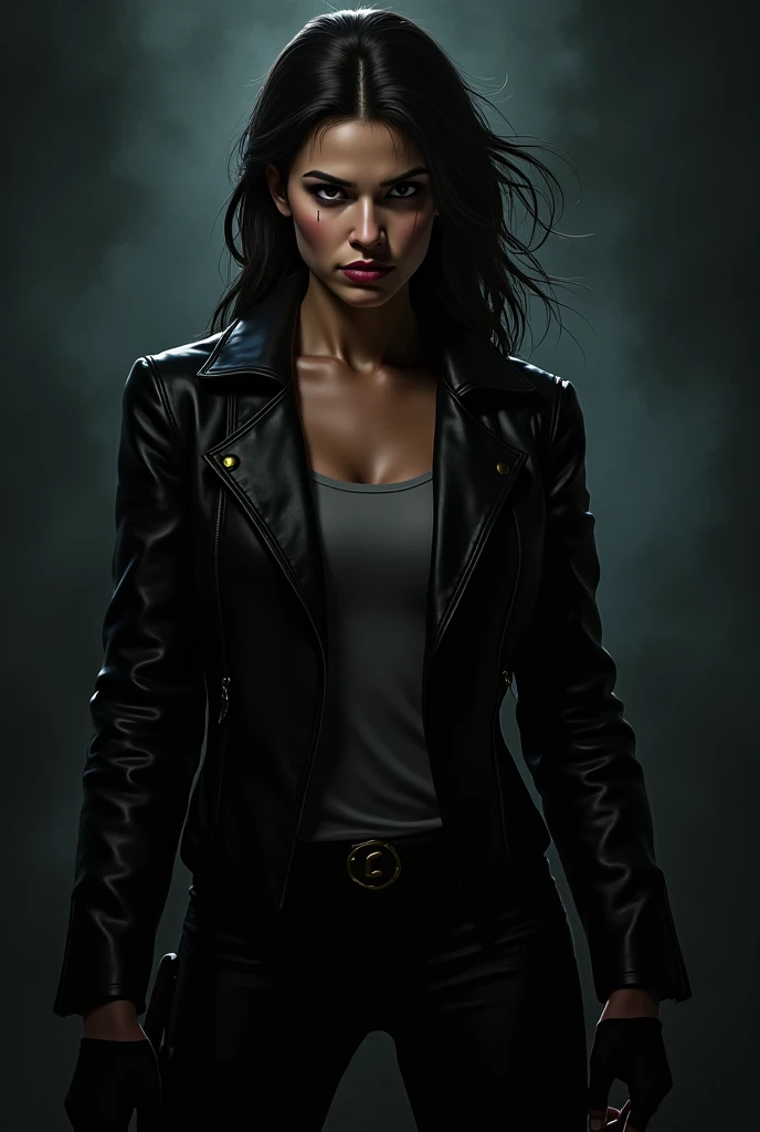 Portrait of natlp as a beautiful female model, georgia fowler, beautiful face, with short dark brown hair, in cyberpunk city at night. She is wearing a leather jacket, black jeans, sagging breasts, round breasts, wide hips, dramatic lighting, (police badge:1.2), "beautiful detailed face, beautiful detailed eyes, beautiful detailed lips, beautiful detailed nose, slim athletic body"