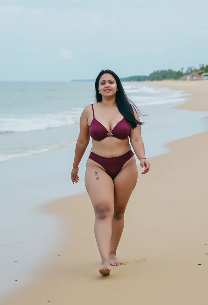 Side by side photo of an Indian woman ,(island:1.3), purple bikini, outdoors, fair skin,tall, seductive, detailed cute face, full lips, smiling, hyper realistic,big ass, ((skinny:1.2)), clothed, full body shot, back view, looking at camera