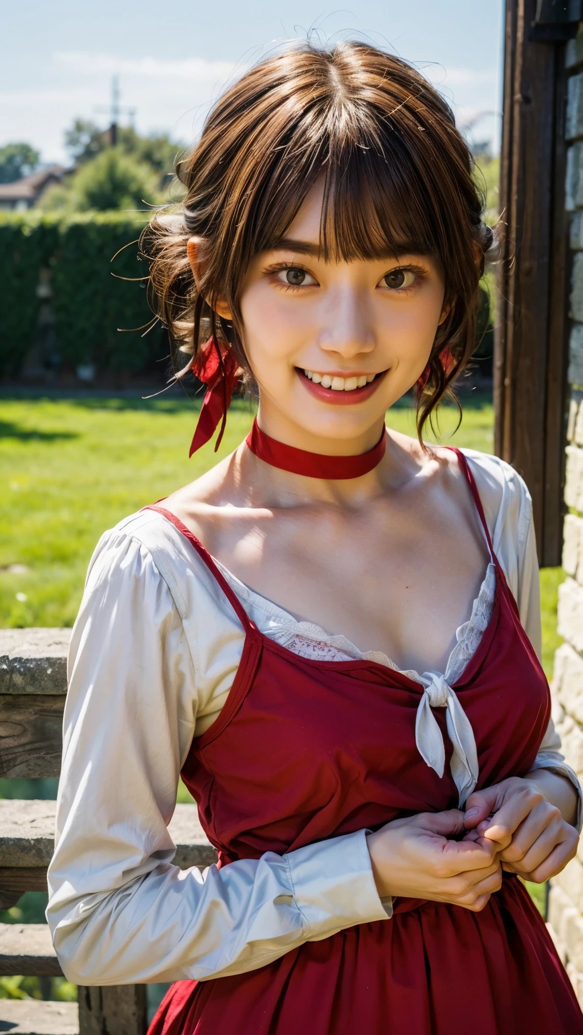 (photo-realistic,realistic), best quality, masterpiece, RAW photo, high resolution, intricate details, extremely detailed, sharp focus, cinematic lighting,
solo, 1girl, a young Japanese woman, seductive pose, detailed face, beautiful detailed eyes, beautiful pupils, sophisticated nose, pale skin, (smile, teeth),
(short brown hair tied back with bangs, red hair ribbon barrette), collarbone, cotton clothes, long sleeve, white shirt, brooch tie, (red cami dress:1.2), red choker, red ankle strap sandals, (skirt lift by self, showing off panties), (upper body, from bellow:1.2), photo background, outdoors,
