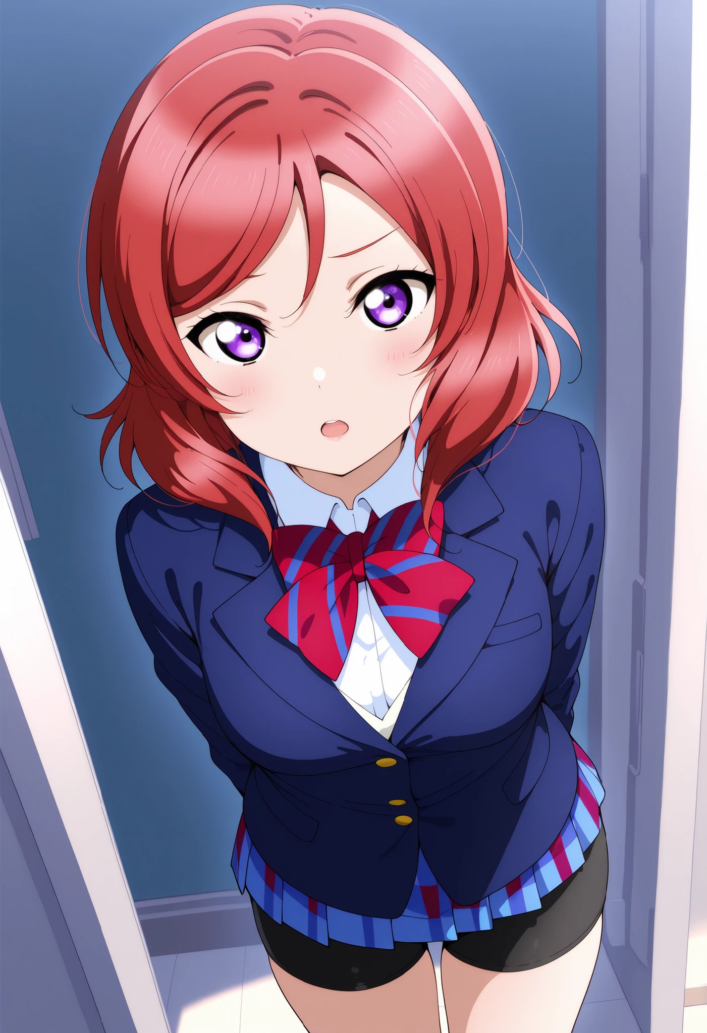 masterpiece, best quality, 1girl, solo, lovelive_maki,
red hair, medium hair, purple eyes, school uniform, blue blazer, red bowtie, bike shorts, black shorts, breasts,looking at viewer, open mouth, standing, cowboy shot, novelai, ai-generated illustration,