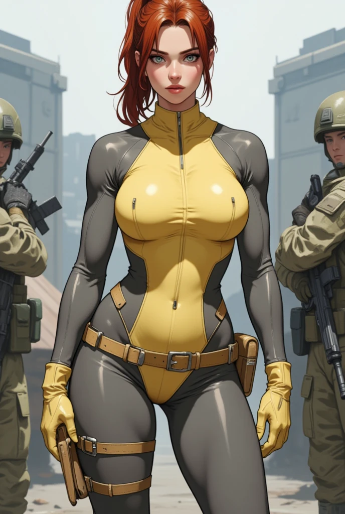 3 gorgeus girls, olhos verdes profundos amendoados, muscular arms, Ultra HD, retina, obra de arte, Anatomicamente Correto, pele texturizada, detalhes altos, premiado, Melhor qualidade, 8k, alto,( holster, gun holster, bondage gear, armwear, legwear, Choker, black gloves, elbow sleeves, yellow headband, pantyhose, harness, belt with pounches,), shirtless, bottomless, shaved pussy, large perfect breasts, wide hips, thick thighs, naked, clothless,
