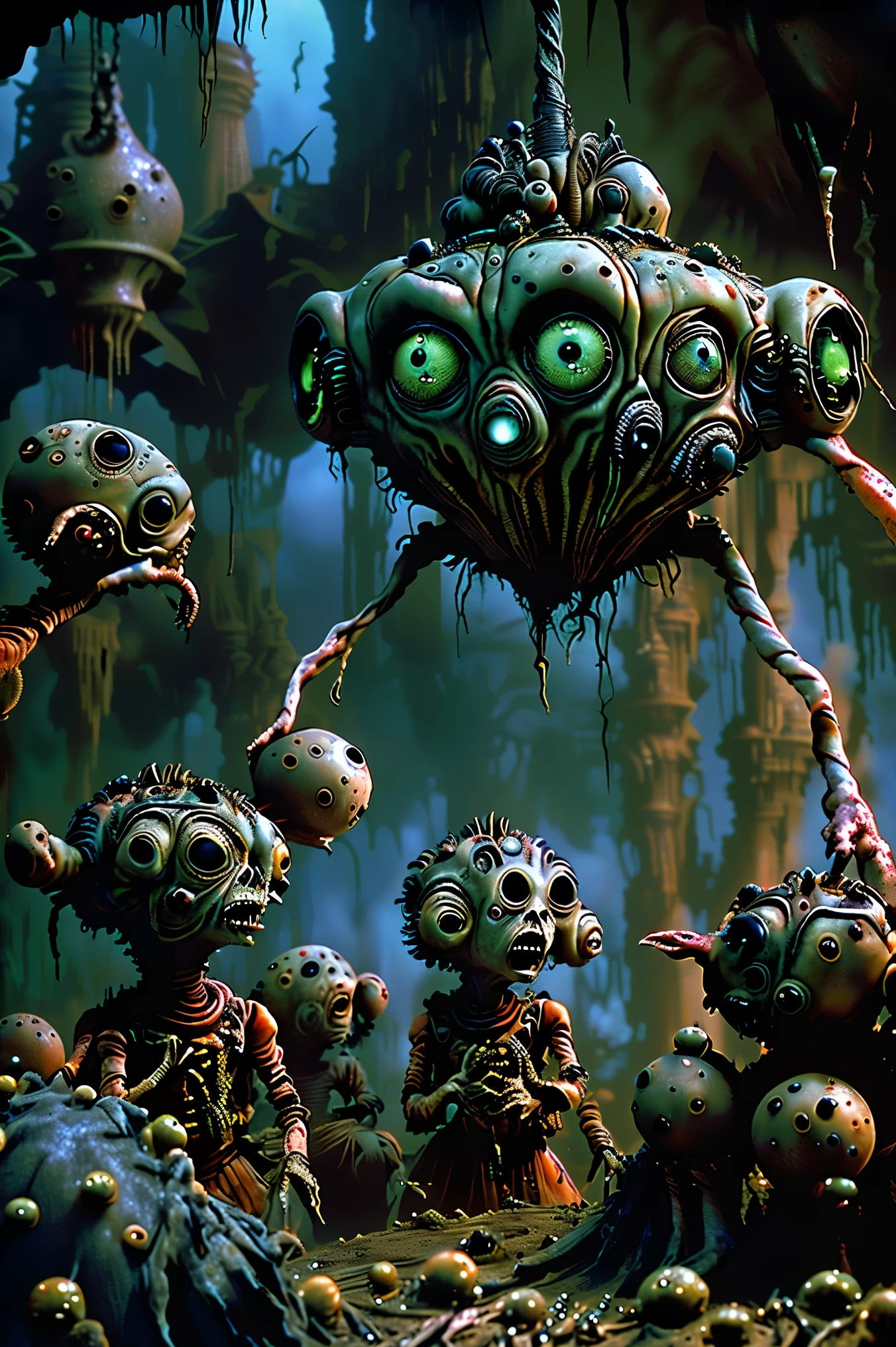 Faces grow wherever they can, organic creatures search for food and blood, hyperrealistic, not ultra materialistic, unless the material is someone to devour, sharp teeth and watchful eyes, SPY and NOT ART are both SATAN. Intricate hyper-detailed portrait, highly realistic, masterpiece, 8k, physically-based rendering, sharp focus, vivid colors, dark fantasy, gothic, moody lighting, dramatic atmosphere, decaying nature, twisted organic forms, ominous colors, haunting mood, sinister undertones, surreal details, grotesque yet beautiful.Haunting apocalyptic landscape,strange creatires,graveyard,haunted forest,mist,horror,spooky atmosphere,creepy,gothic,moody,dramatic lighting,cinematic,masterpiece,8K,highly detailed,photorealistic,professional movie quality,
Cinematography, full focus, highest quality images,
Ultra-detailed, realistic, hyperrealistic Show these creatures with more clearly defined faces and enhance whatever kind of mutated bodies they may have. Clear up any blurry parts, and set some kind of final background in place. Full focus! No blurred images, color correction. horror scene, ghostly apparitions, grim atmosphere, decaying ruins, ominous skies, haunting moonlight, detailed ghastly figures, photorealisticdetailed, fantasy horror scene,ghostly apparitions,grim atmosphere,decaying ruins,ominous skies,haunting moonlight,detailed ghastly figures,8K,HDR,ultra-detailed,physically-based rendering,professional,vivid colors,
Brighr vibrant colors,dramatic lightingCreatures' faces appear everywhere,
Claymation impregnation,
Apocalyptic nation,
Creepy crawler infestation
Ultra-detailed, ultra-realistic, photo-realistic, cinematic lighting, cinematic portrait, portrait photography