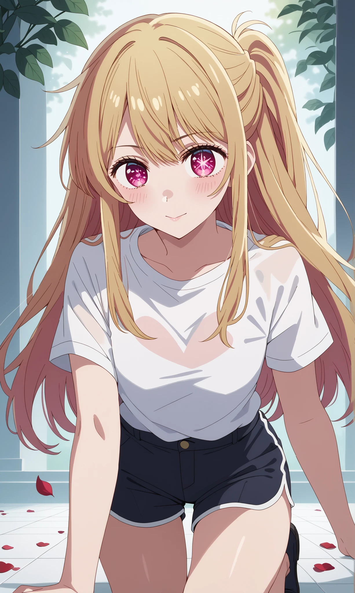 score_9, score_8_up, score_7_up, source_anime, 4K,perfect fingers,(perfect hands, perfect anatomy),prefect lighting, very aesthetic, intricate details,highly detailed background, masterpiece, high quality, best quality,
1girl, rubyhoshino, ruby hoshino, long hair, bangs, blonde hair, pink eyes, sidelocks, symbol-shaped pupils, multicolored hair, two-tone hair, Large breast,dense chest,
Wearing ((shirt, white shirt, short sleeves, shorts, )),,
Leashed cute, face full of sticky white spunk, on her knees the floor, Divine light hidden in petals! Shattered blooms + soft-focus glow—trap an angel in roses’ cruel romance!