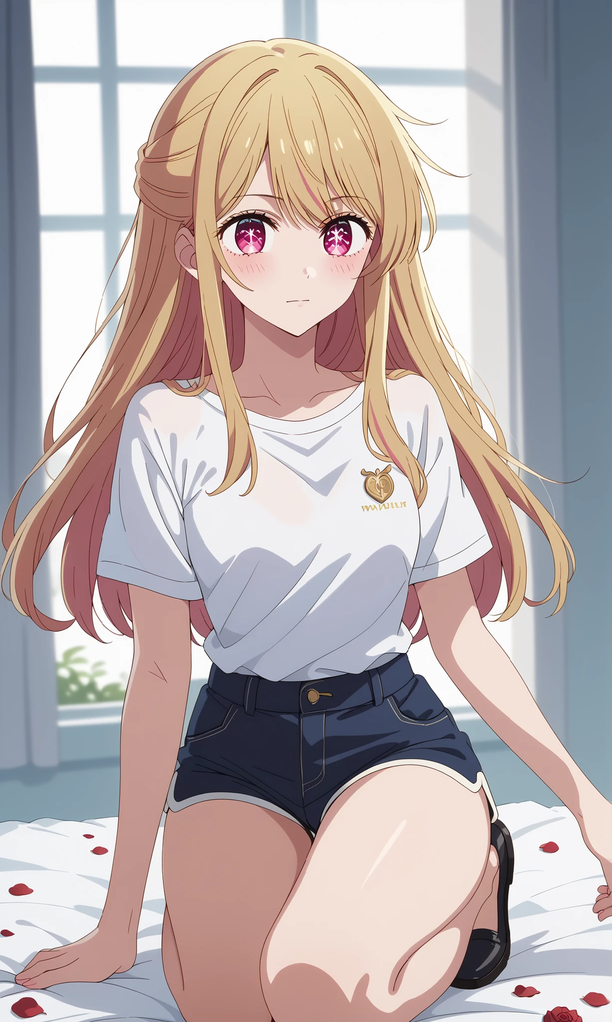 score_9, score_8_up, score_7_up, source_anime, 4K,perfect fingers,(perfect hands, perfect anatomy),prefect lighting, very aesthetic, intricate details,highly detailed background, masterpiece, high quality, best quality,
1girl, rubyhoshino, ruby hoshino, long hair, bangs, blonde hair, pink eyes, sidelocks, symbol-shaped pupils, multicolored hair, two-tone hair, Large breast,dense chest,
Wearing ((shirt, white shirt, short sleeves, shorts, )),,
Leashed cute, face full of sticky white spunk, on her knees the floor, Divine light hidden in petals! Shattered blooms + soft-focus glow—trap an angel in roses’ cruel romance!