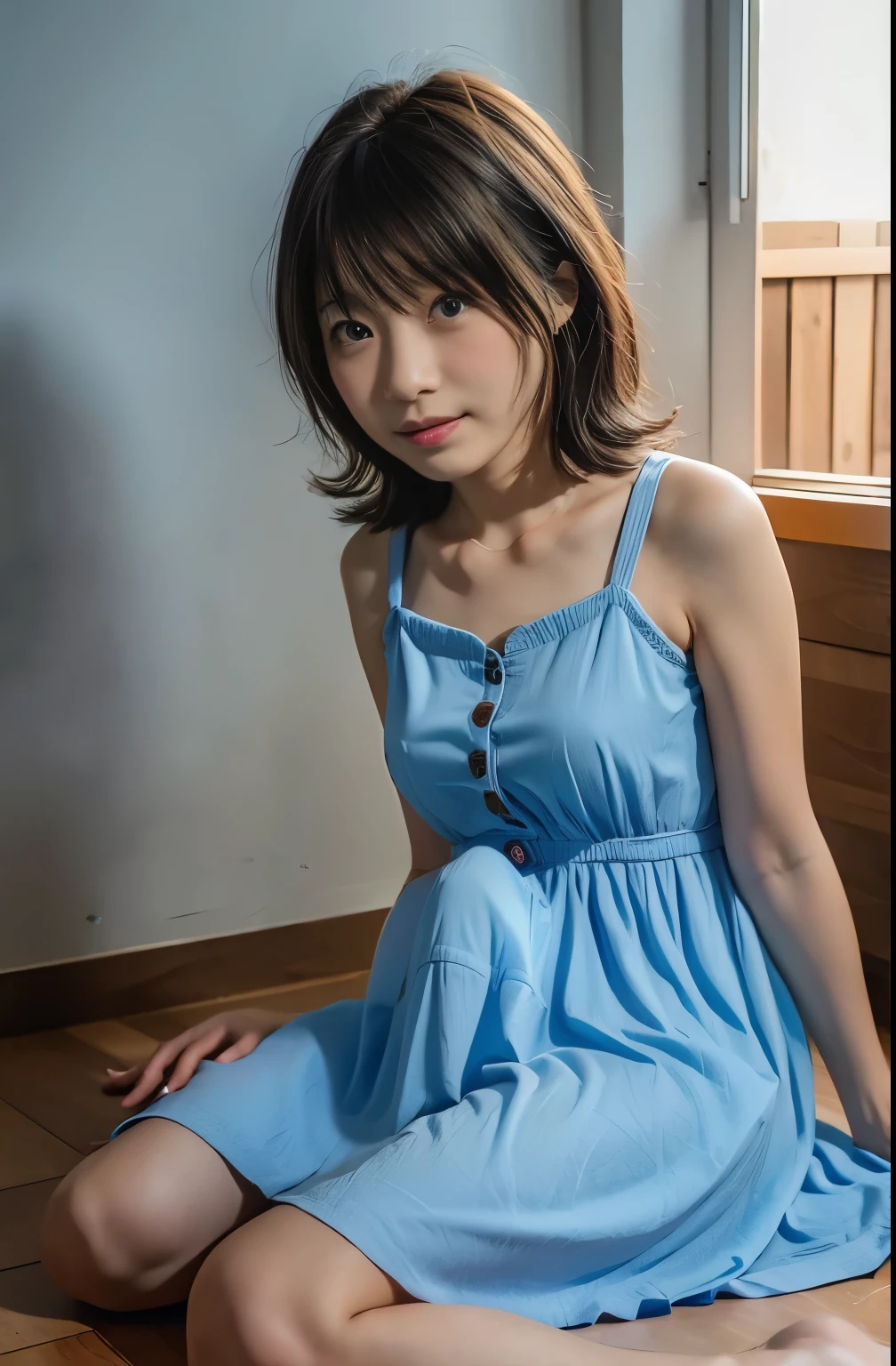 Mirai Kasuga ( million people live), one girl on her back, solo, cute girl, Best Quality, super detailed, 8k, high resolution, Detailed Faces, is sitting on the floor, look at the person watching, ((([Frightened:1.5, Embarrassing, ))), Cover your chest with your hands, (( Light Blue Dress , summer dress, bare feet)),Erection under clothes, flat chest