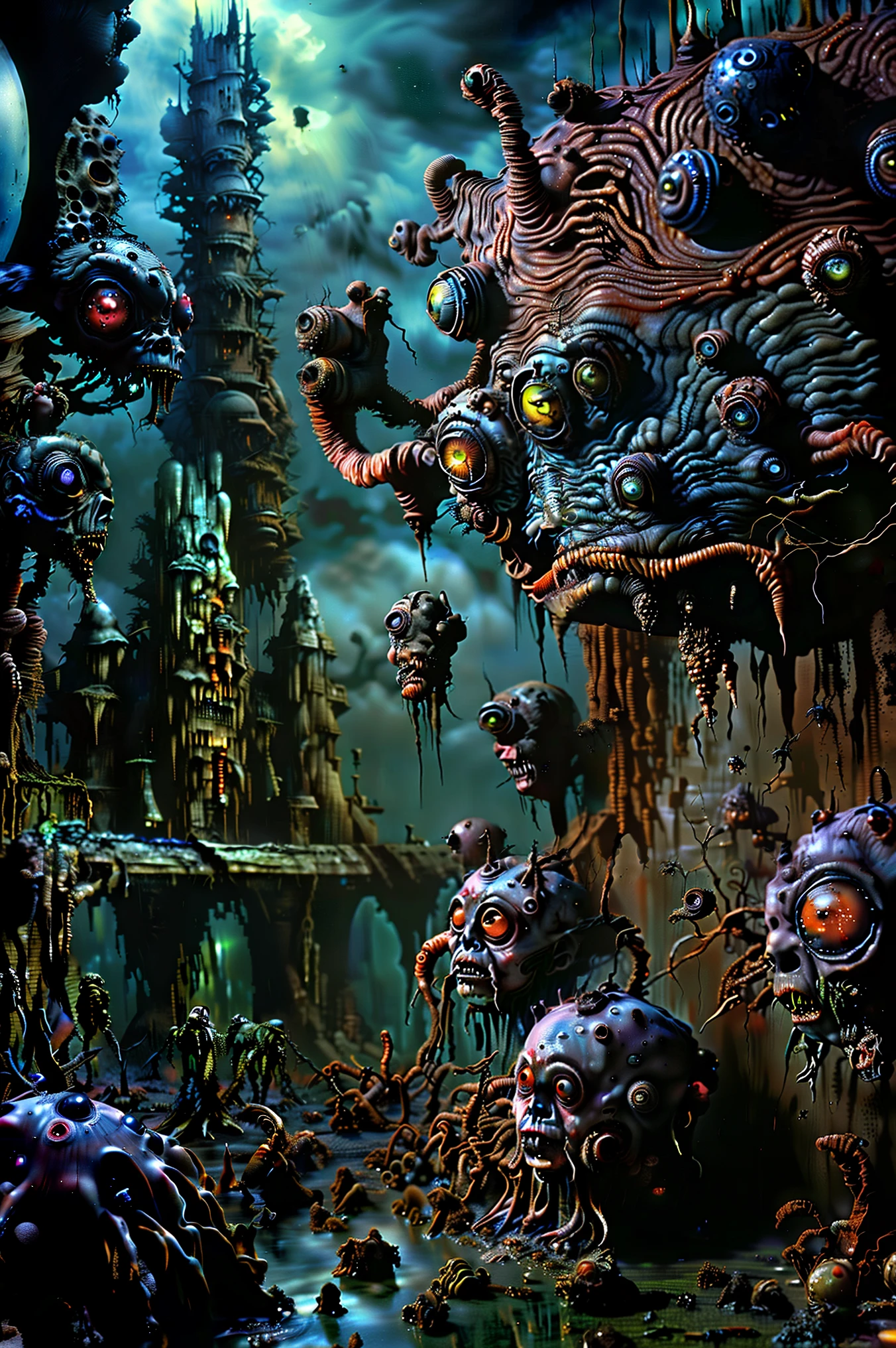 Faces grow wherever they can, organic creatures search for food and blood, hyperrealistic, not ultra materialistic, unless the material is someone to devour, sharp teeth and watchful eyes, SPY and NOT ART are both SATAN. Intricate hyper-detailed portrait, highly realistic, masterpiece, 8k, physically-based rendering, sharp focus, vivid colors, dark fantasy, gothic, moody lighting, dramatic atmosphere, decaying nature, twisted organic forms, ominous colors, haunting mood, sinister undertones, surreal details, grotesque yet beautiful.Haunting apocalyptic landscape,strange creatires,graveyard,haunted forest,mist,horror,spooky atmosphere,creepy,gothic,moody,dramatic lighting,cinematic,masterpiece,8K,highly detailed,photorealistic,professional movie quality,
Cinematography, full focus, highest quality images, 
Ultra-detailed, realistic, hyperrealistic Show these creatures with more clearly defined faces and enhance whatever kind of mutated bodies they may have. Clear up any blurry parts, and set some kind of final background in place. Full focus! No blurred images, color correction. horror scene, ghostly apparitions, grim atmosphere, decaying ruins, ominous skies, haunting moonlight, detailed ghastly figures, photorealisticdetailed,  fantasy horror scene,ghostly apparitions,grim atmosphere,decaying ruins,ominous skies,haunting moonlight,detailed ghastly figures,8K,HDR,ultra-detailed,physically-based rendering,professional,vivid colors,
Brighr vibrant colors,dramatic lightingCreatures' faces appear everywhere,
Claymation impregnation, 
Apocalyptic nation,
Creepy crawler infestation 
Ultra-detailed, ultra-realistic, photo-realistic, cinematic lighting, cinematic portrait, portrait photography 