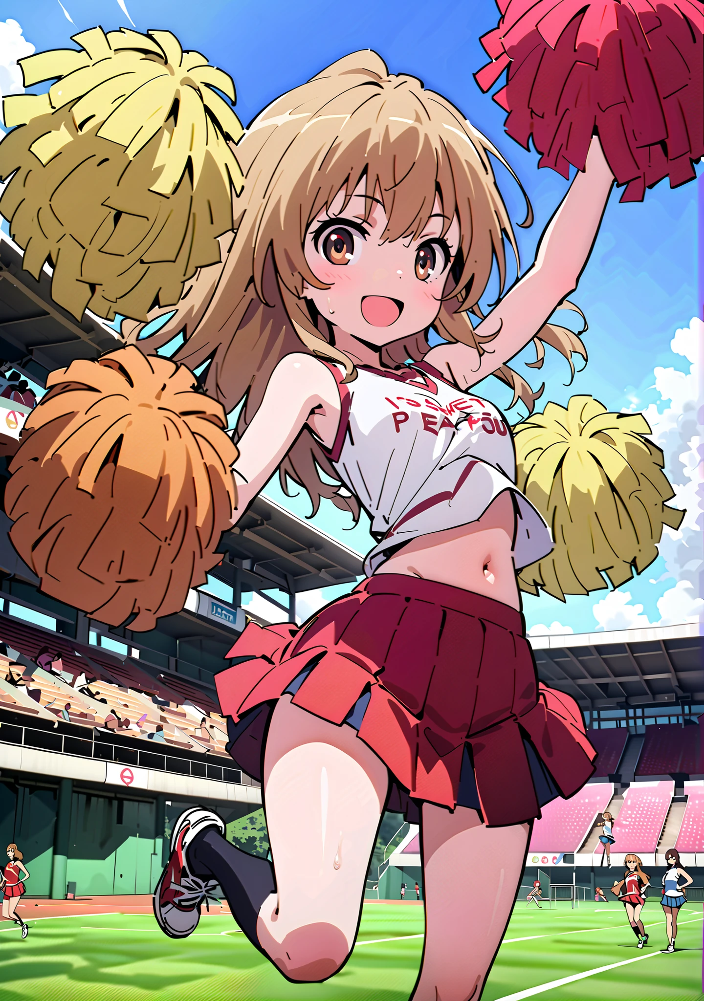 TaigaAisaka, Aisaka Taiga, solo,long hair, brown hair, long hair,brown eyes,Glowing Skin,smile,cover,opens her mouth, small ,(Cheerleading), (full body),  on chest, (I sweated), I sweated Wet Clothes, (Red clothing),sleeveless,  red pleated skirt,black socks,sneakers with a ladyback letter,belly button stick, playground, (jump), (jump), 足を曲げてjumpする,blue sky,  Compa, smile,cheerleader, Pom-pom \(Cheerleading\) real hair ornaments,angle from below,audience,full bodyがイラストに入るように,break outdoors,Stadium,
break looking at viewer,full body,
break (masterpiece:1.2),Best Quality ,Kampala,unity 8k 壁紙,(shape:0.8),( fine and beautiful eyes :1.6),It's a person ,full body写真,CG Details , (perfect hand,complete anatomy),