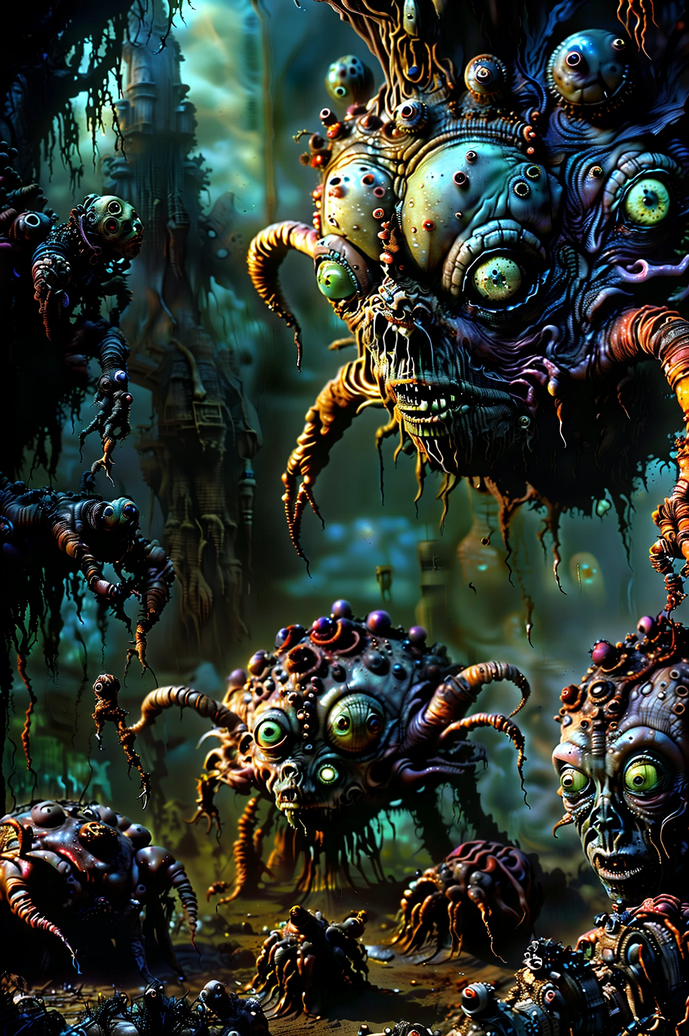 Faces grow wherever they can, organic creatures search for food and blood, hyperrealistic, not ultra materialistic, unless the material is someone to devour, sharp teeth and watchful eyes, SPY and NOT ART are both SATAN. Intricate hyper-detailed portrait, highly realistic, masterpiece, 8k, physically-based rendering, sharp focus, vivid colors, dark fantasy, gothic, moody lighting, dramatic atmosphere, decaying nature, twisted organic forms, ominous colors, haunting mood, sinister undertones, surreal details, grotesque yet beautiful.Haunting apocalyptic landscape,strange creatires,graveyard,haunted forest,mist,horror,spooky atmosphere,creepy,gothic,moody,dramatic lighting,cinematic,masterpiece,8K,highly detailed,photorealistic,professional movie quality,
Cinematography, full focus, highest quality images, 
Ultra-detailed, realistic, hyperrealistic Show these creatures with more clearly defined faces and enhance whatever kind of mutated bodies they may have. Clear up any blurry parts, and set some kind of final background in place. Full focus! No blurred images, color correction. horror scene, ghostly apparitions, grim atmosphere, decaying ruins, ominous skies, haunting moonlight, detailed ghastly figures, photorealisticdetailed,  fantasy horror scene,ghostly apparitions,grim atmosphere,decaying ruins,ominous skies,haunting moonlight,detailed ghastly figures,8K,HDR,ultra-detailed,physically-based rendering,professional,vivid colors,
Brighr vibrant colors,dramatic lightingCreatures' faces appear everywhere,
Claymation impregnation, 
Apocalyptic nation,
Creepy crawler infestation 
Ultra-detailed, ultra-realistic, photo-realistic, cinematic lighting, cinematic portrait, portrait photography 