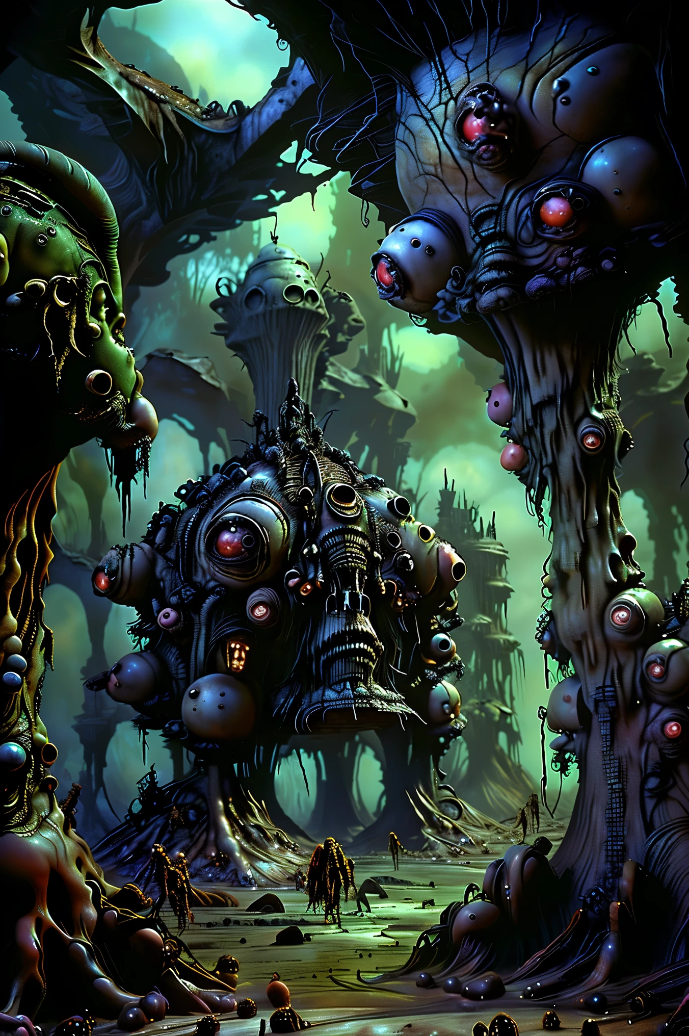 Faces grow wherever they can, organic creatures search for food and blood, hyperrealistic, not ultra materialistic, unless the material is someone to devour, sharp teeth and watchful eyes, SPY and NOT ART are both SATAN. Intricate hyper-detailed portrait, highly realistic, masterpiece, 8k, physically-based rendering, sharp focus, vivid colors, dark fantasy, gothic, moody lighting, dramatic atmosphere, decaying nature, twisted organic forms, ominous colors, haunting mood, sinister undertones, surreal details, grotesque yet beautiful.Haunting apocalyptic landscape,strange creatires,graveyard,haunted forest,mist,horror,spooky atmosphere,creepy,gothic,moody,dramatic lighting,cinematic,masterpiece,8K,highly detailed,photorealistic,professional movie quality,
Cinematography, full focus, highest quality images,
Ultra-detailed, realistic, hyperrealistic Show these creatures with more clearly defined faces and enhance whatever kind of mutated bodies they may have. Clear up any blurry parts, and set some kind of final background in place. Full focus! No blurred images, color correction. horror scene, ghostly apparitions, grim atmosphere, decaying ruins, ominous skies, haunting moonlight, detailed ghastly figures, photorealisticdetailed, fantasy horror scene,ghostly apparitions,grim atmosphere,decaying ruins,ominous skies,haunting moonlight,detailed ghastly figures,8K,HDR,ultra-detailed,physically-based rendering,professional,vivid colors,
Brighr vibrant colors,dramatic lightingCreatures' faces appear everywhere,
Claymation impregnation,
Apocalyptic nation,
Creepy crawler infestation
Ultra-detailed, ultra-realistic, photo-realistic, cinematic lighting, cinematic portrait, portrait photography